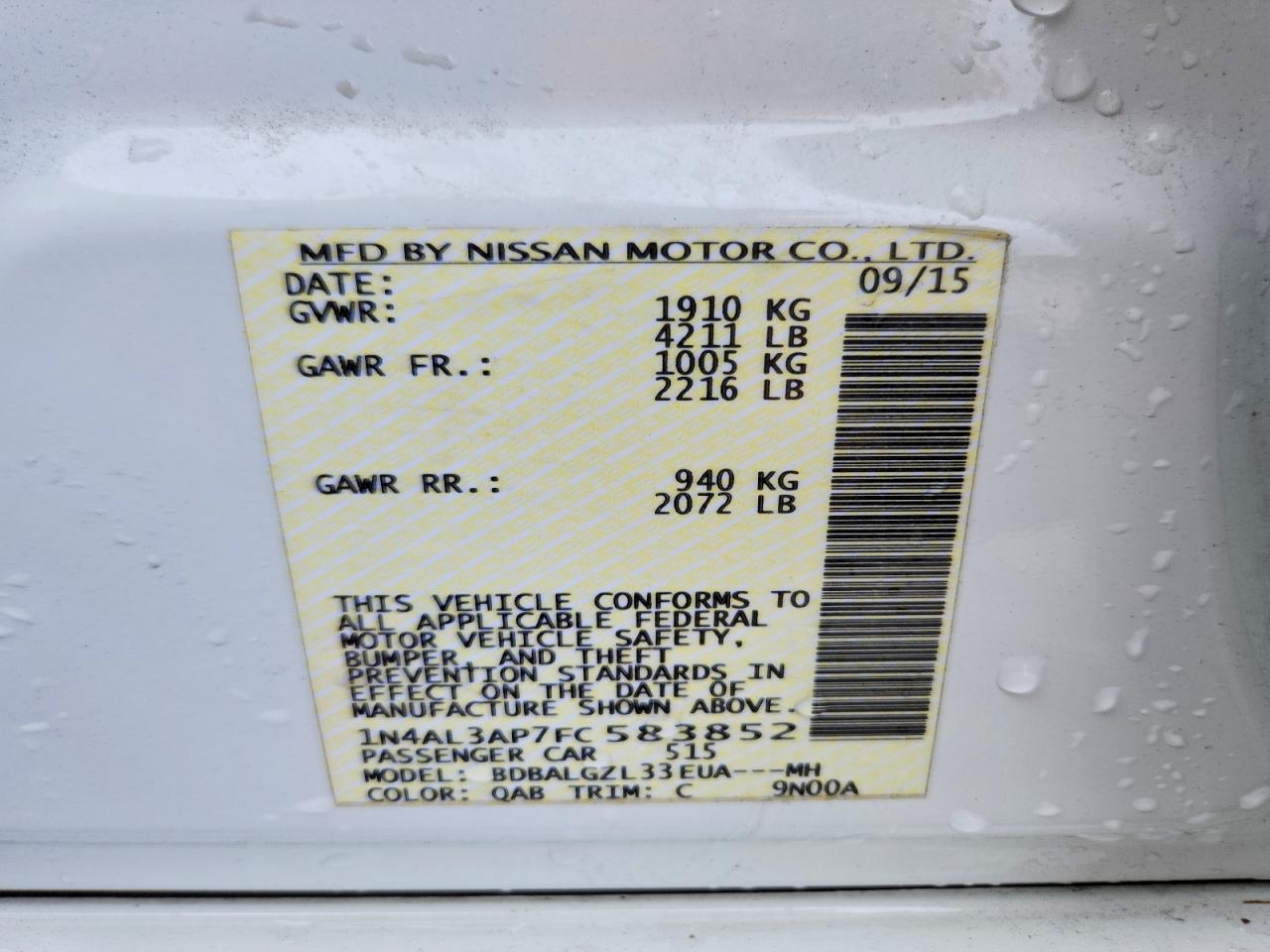 2015 Nissan Altima 2.5 S White vin: 1N4AL3AP7FC583852