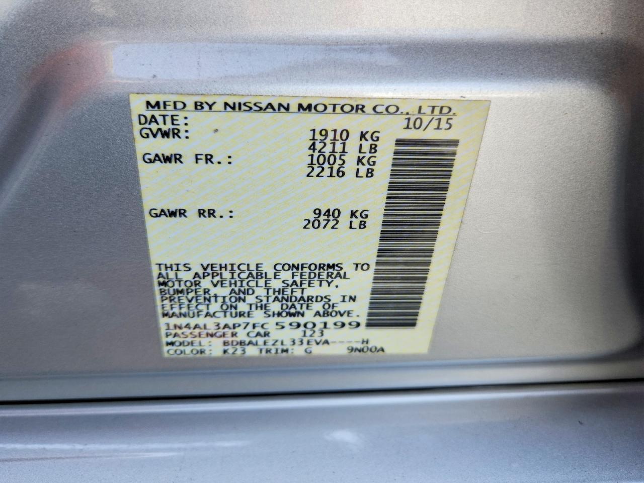 2015 Nissan Altima 2.5 S Silver vin: 1N4AL3AP7FC590199