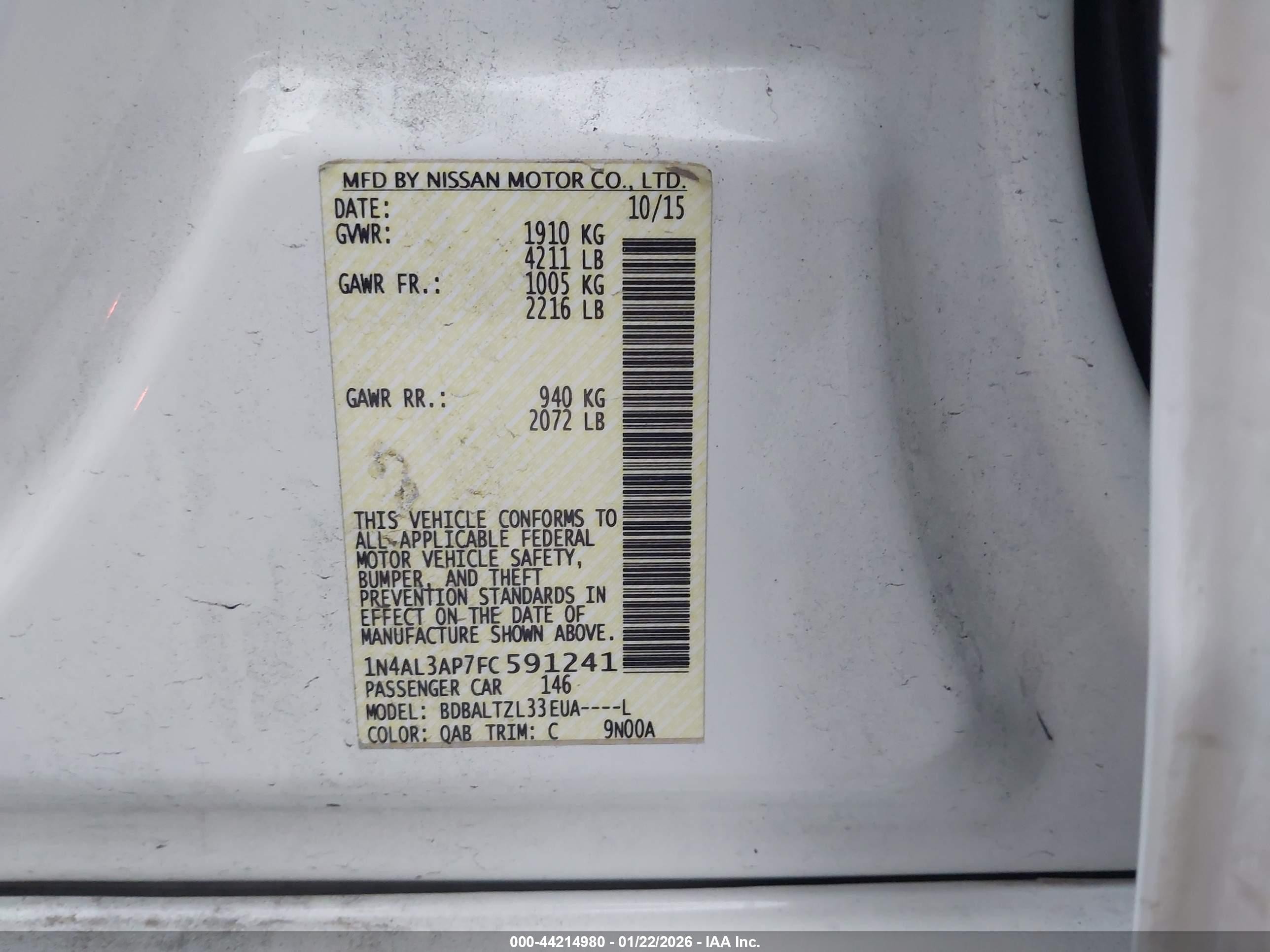 2015 Nissan Altima 2.5 Sl White vin: 1N4AL3AP7FC591241