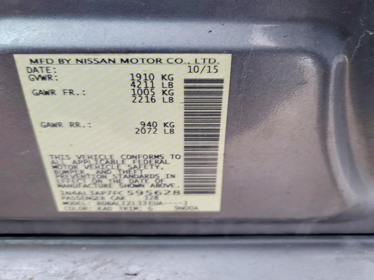 2015 Nissan Altima 2.5 Sv Gray vin: 1N4AL3AP7FC595628