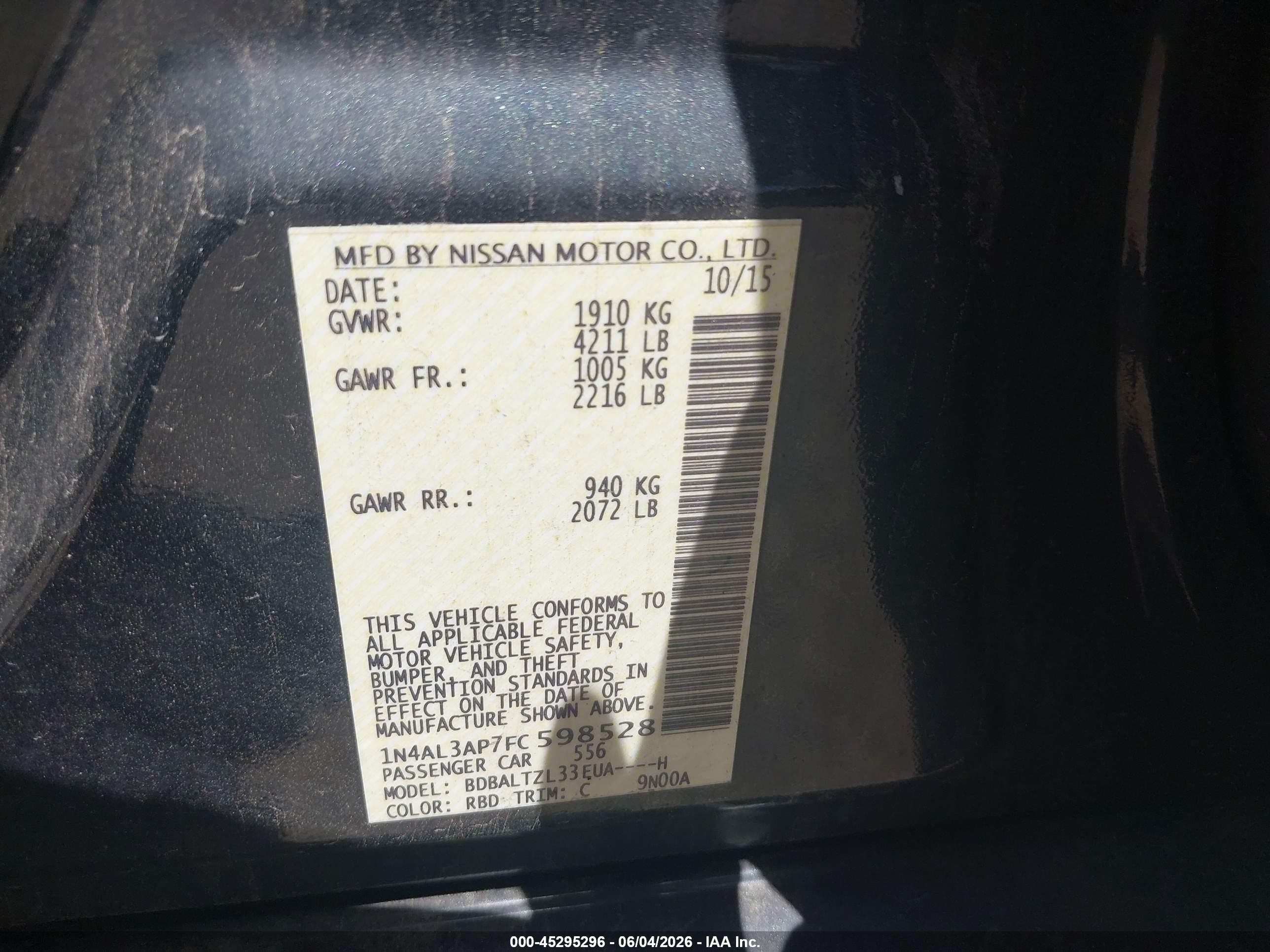 2015 Nissan Altima 2.5 Sl Серый vin: 1N4AL3AP7FC598528