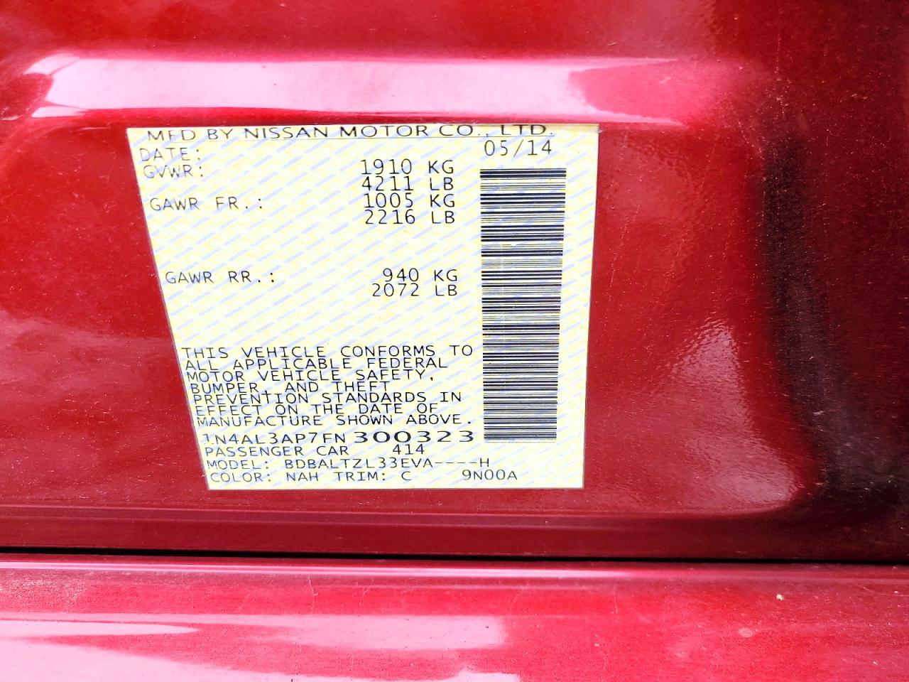 2015 Nissan Altima 2.5 Sl Maroon vin: 1N4AL3AP7FN300323