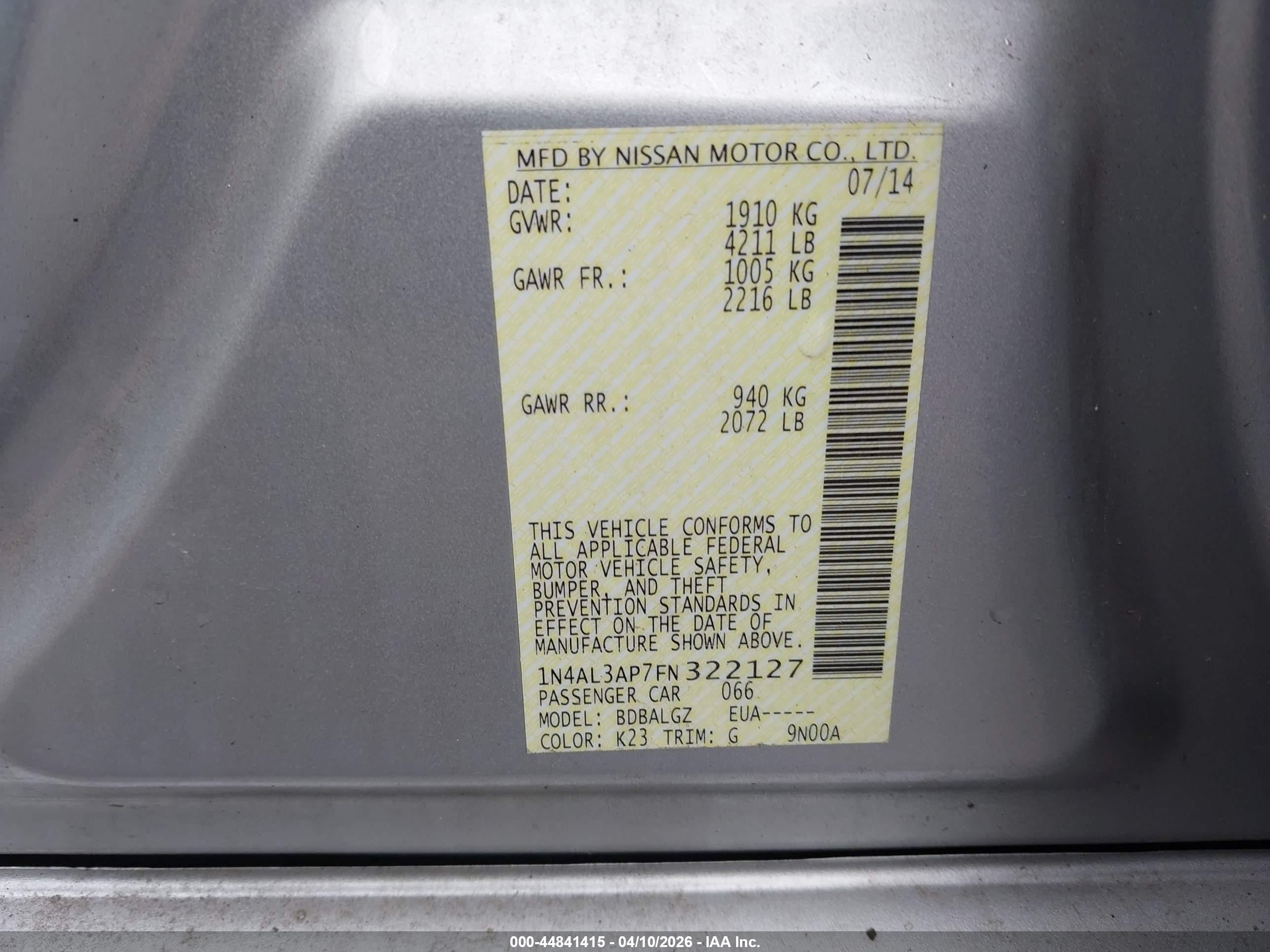 2015 Nissan Altima 2.5/2.5 S/2.5 Sl/2.5 Sv Серебряный vin: 1N4AL3AP7FN322127