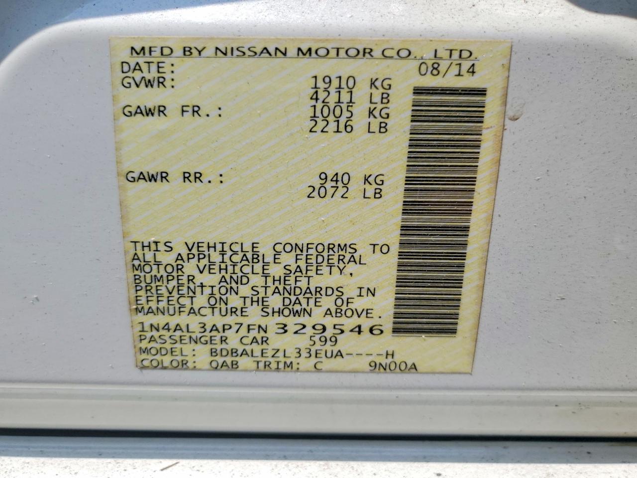 2015 Nissan Altima 2.5 S White vin: 1N4AL3AP7FN329546