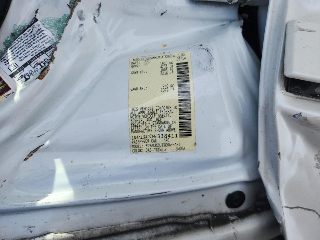 2015 Nissan Altima 2.5 Sl White vin: 1N4AL3AP7FN338411
