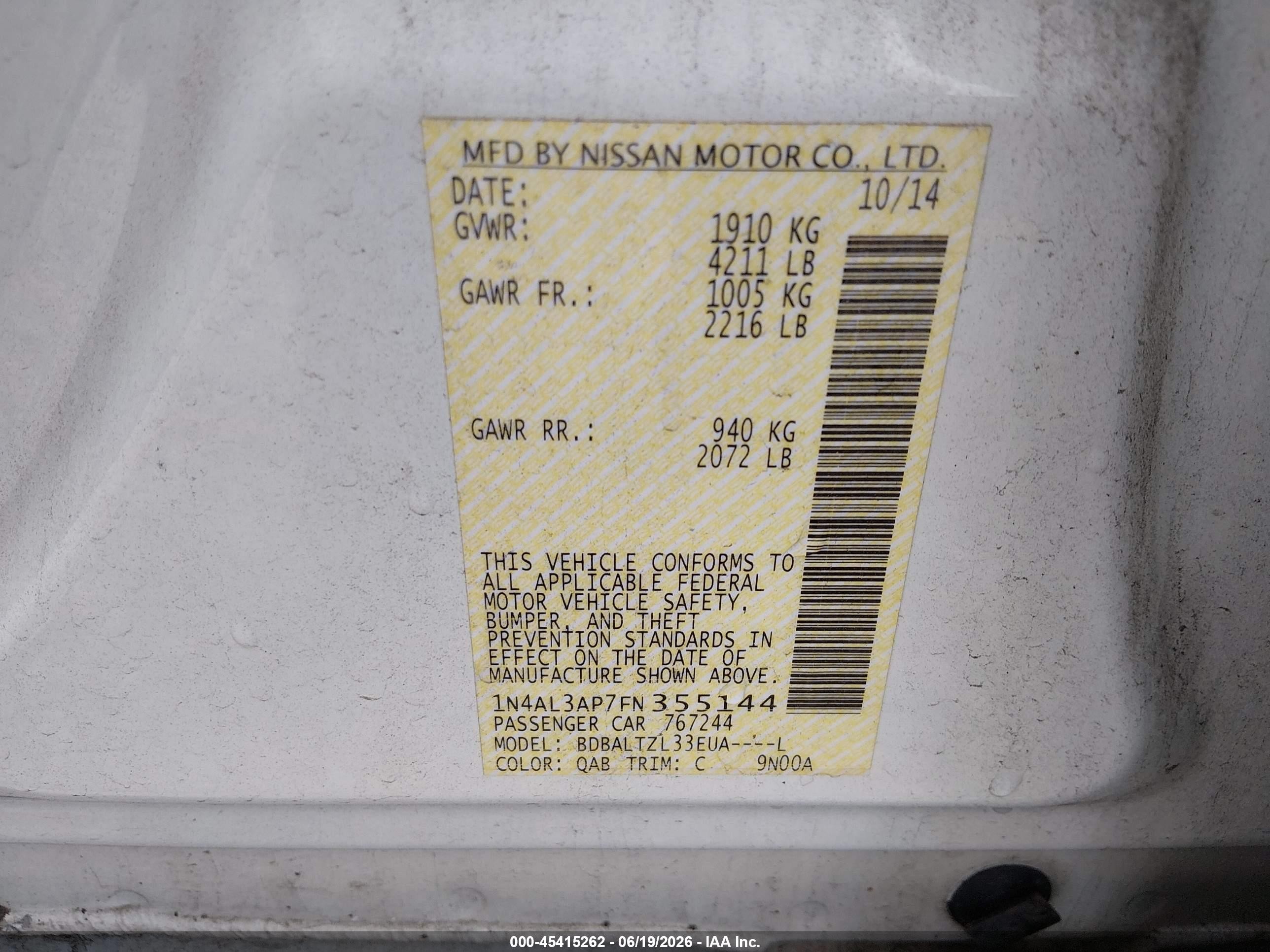 2015 Nissan Altima 2.5 Sl White vin: 1N4AL3AP7FN355144