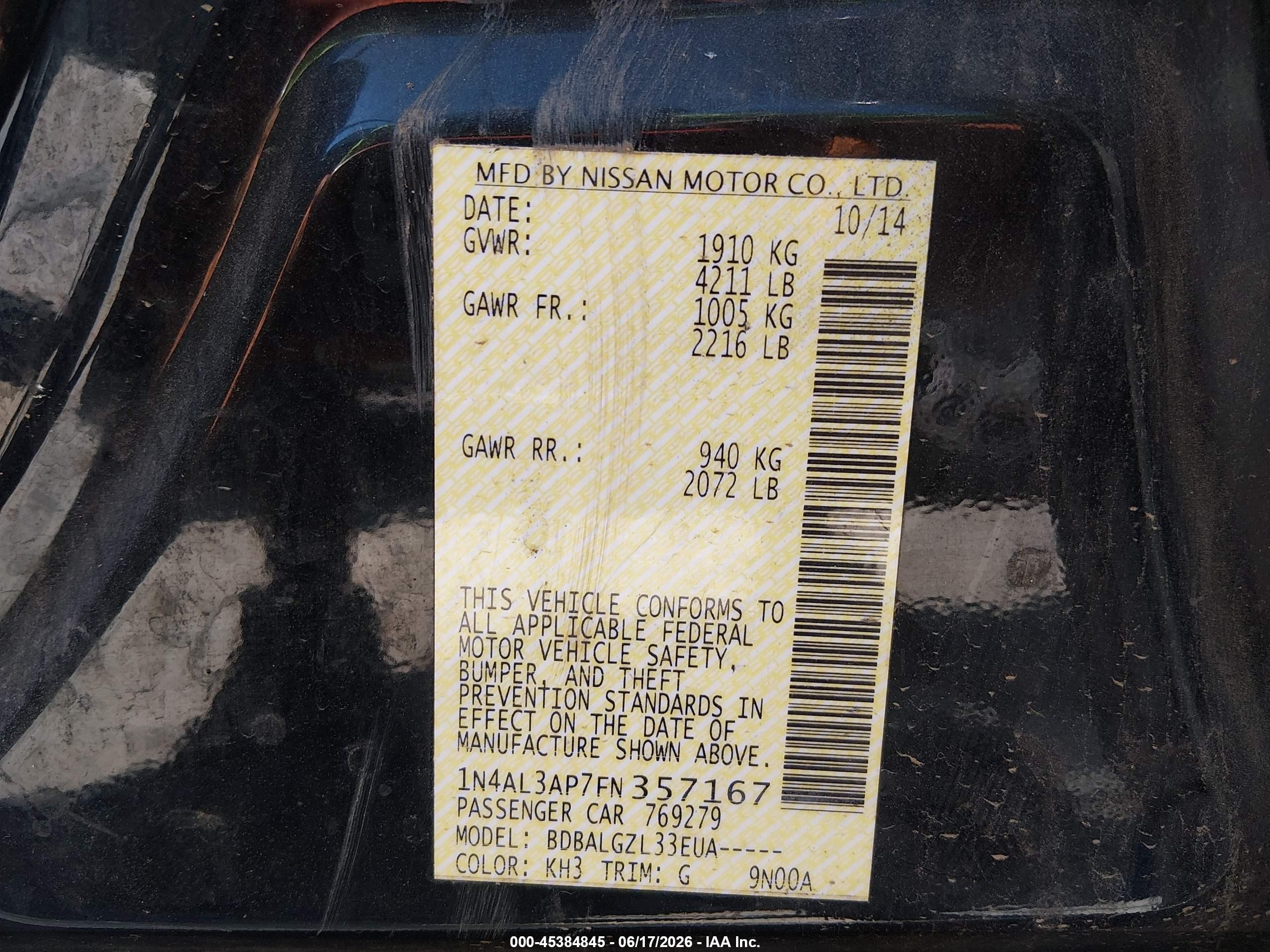2015 Nissan Altima 2.5 S Black vin: 1N4AL3AP7FN357167