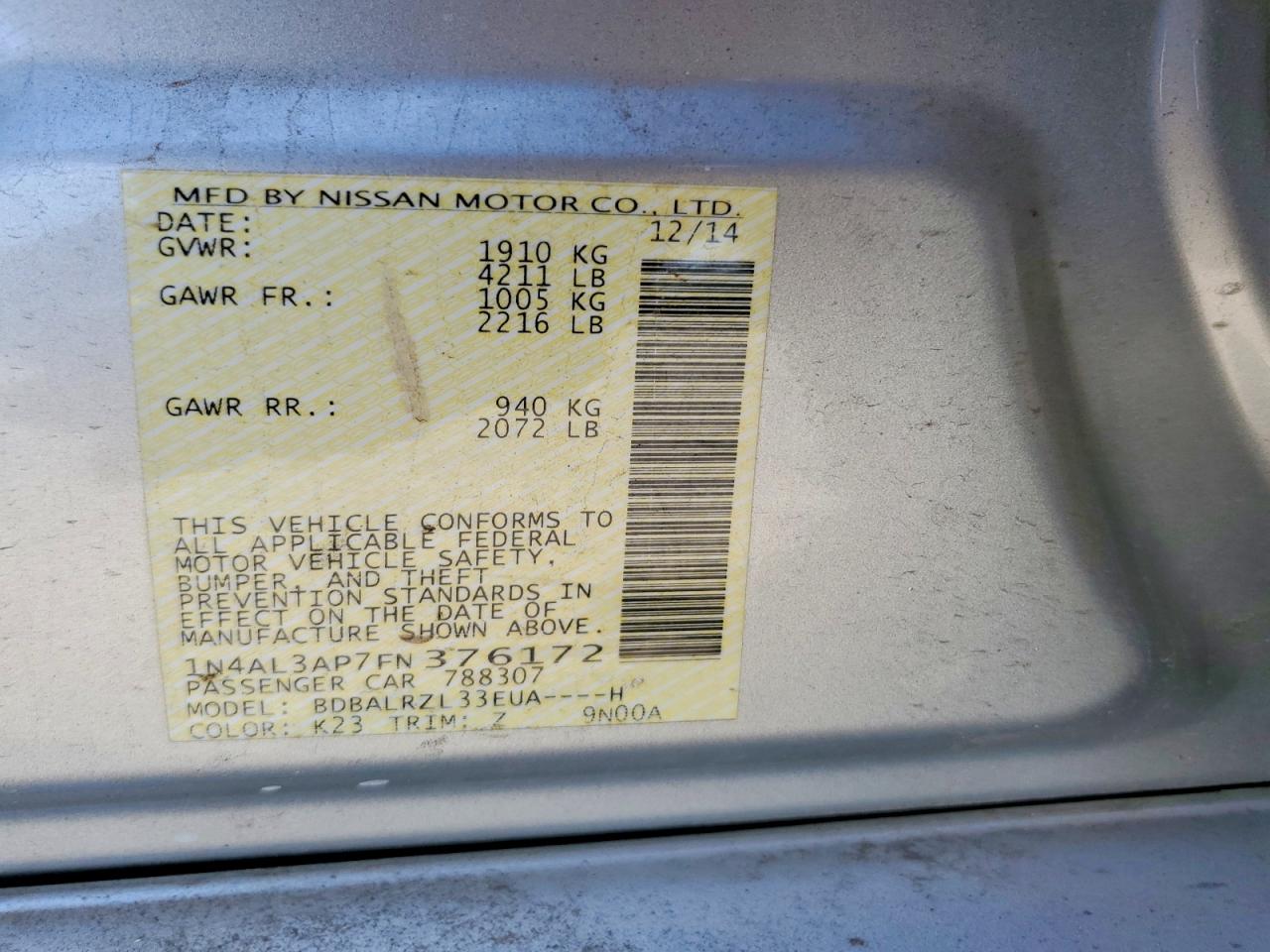 2015 Nissan Altima 2.5 Sl Silver vin: 1N4AL3AP7FN376172