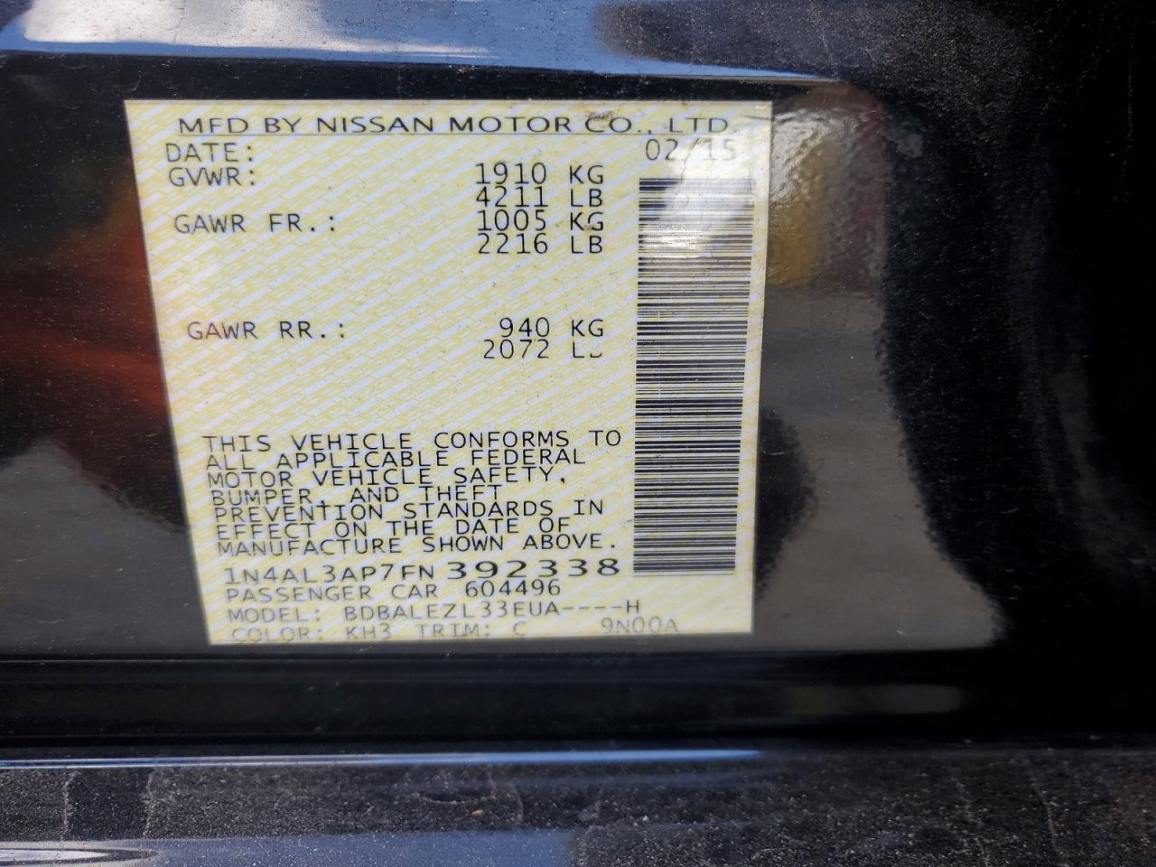2015 Nissan Altima 2.5 S Black vin: 1N4AL3AP7FN392338