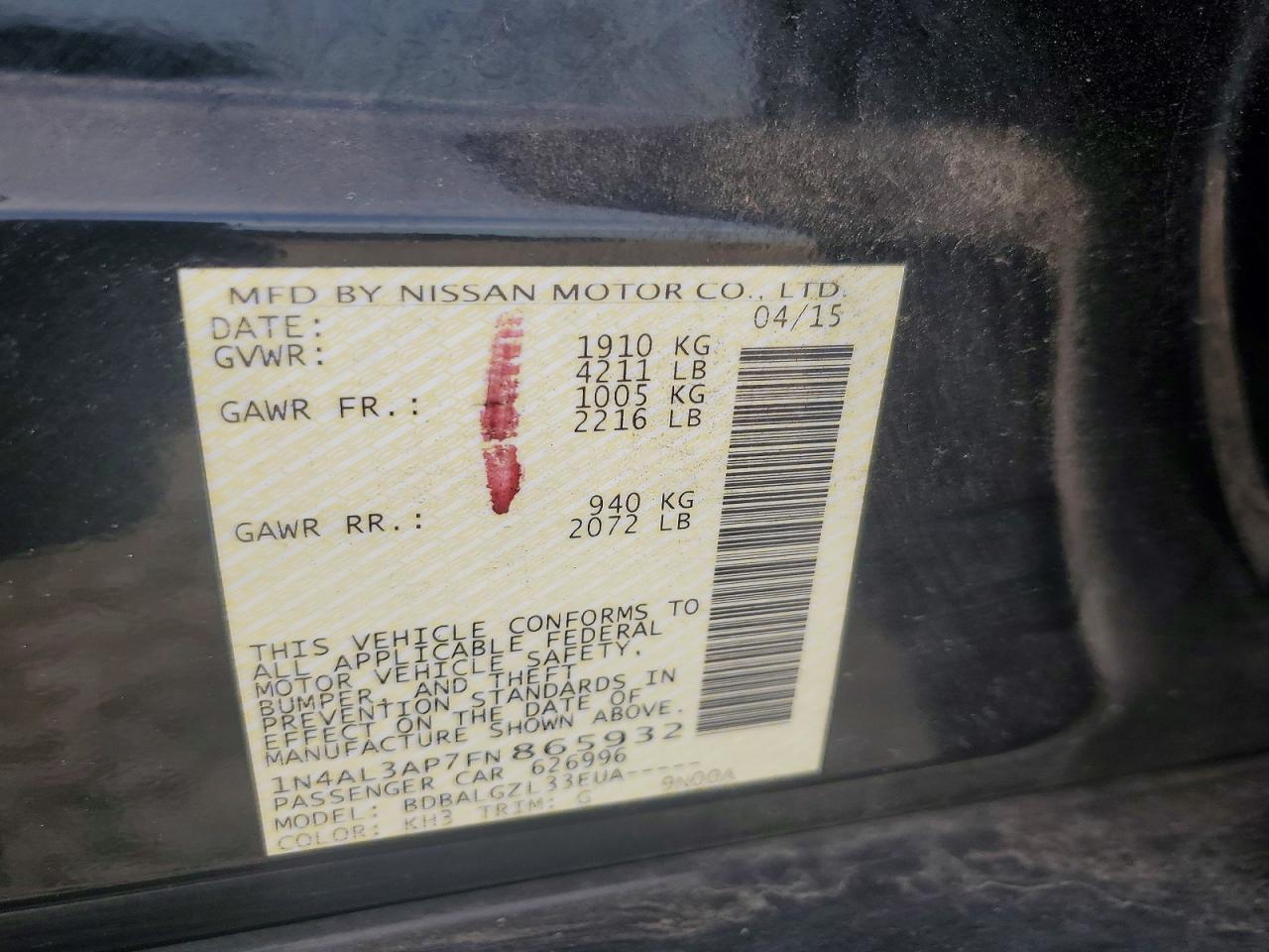 2015 Nissan Altima 2.5 S Black vin: 1N4AL3AP7FN865932