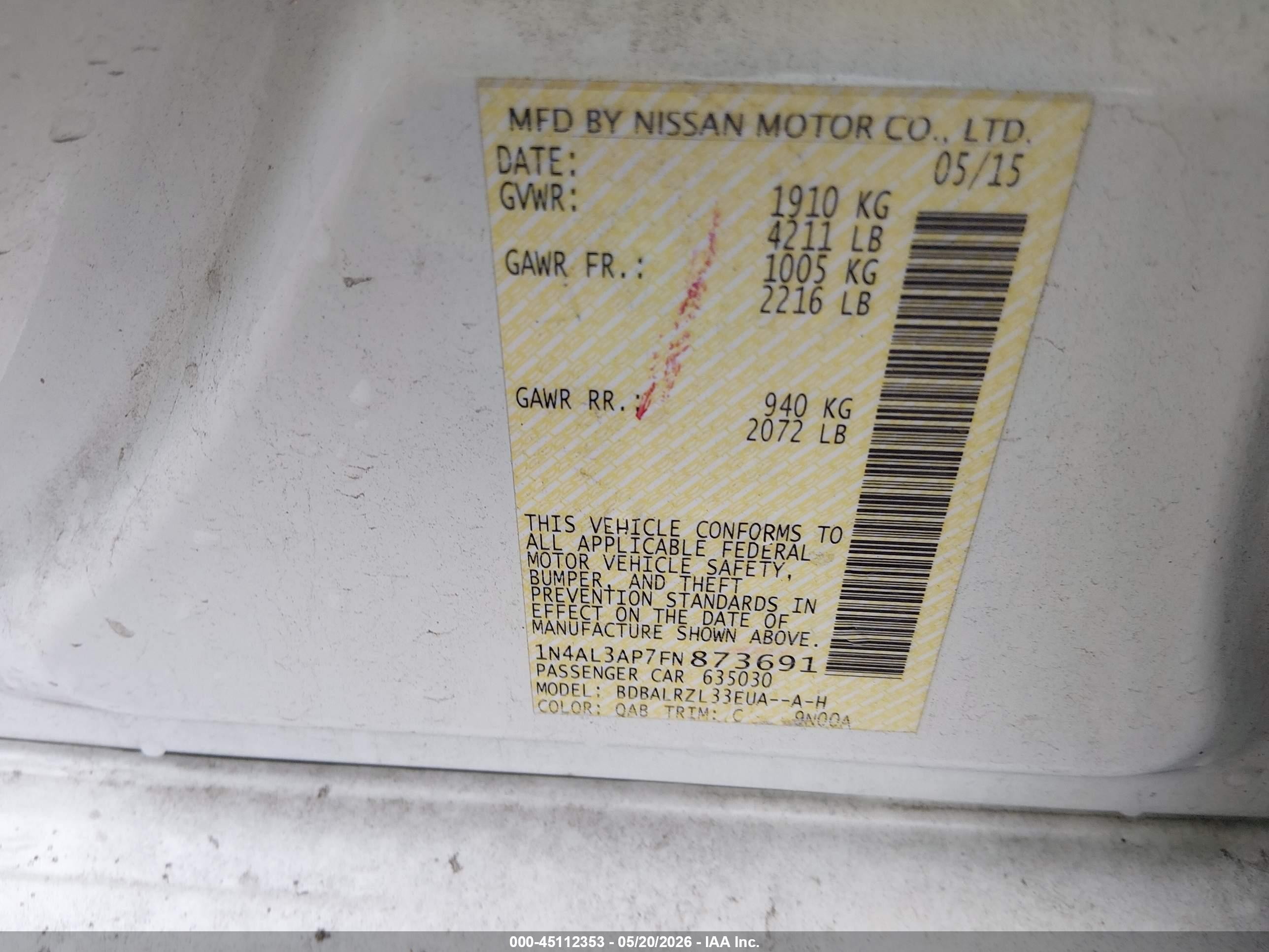 2015 Nissan Altima 2.5 Sl White vin: 1N4AL3AP7FN873691