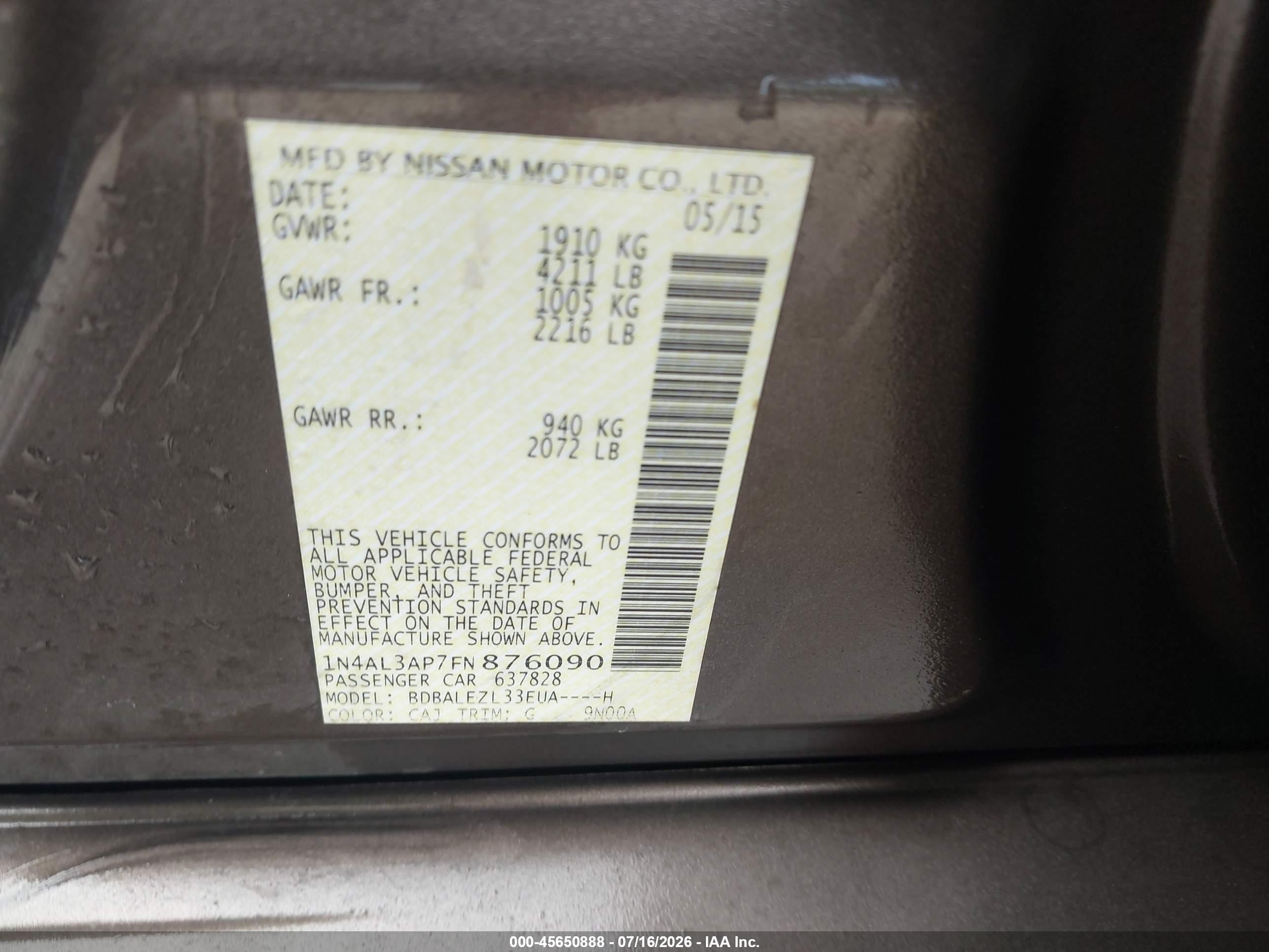 2015 Nissan Altima 2.5 S Brown vin: 1N4AL3AP7FN876090