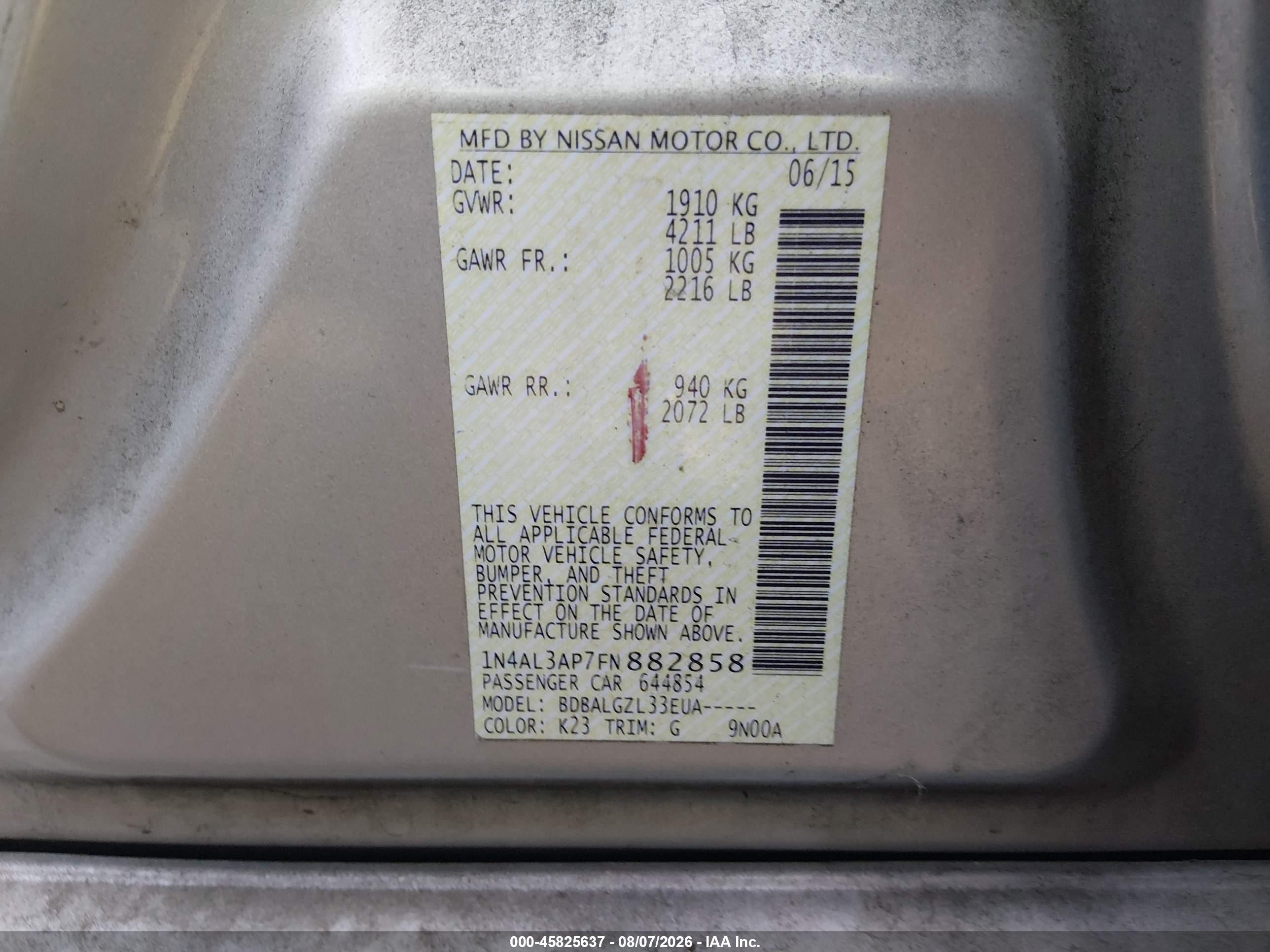 2015 Nissan Altima 2.5/2.5 S/2.5 Sl/2.5 Sv Silver vin: 1N4AL3AP7FN882858