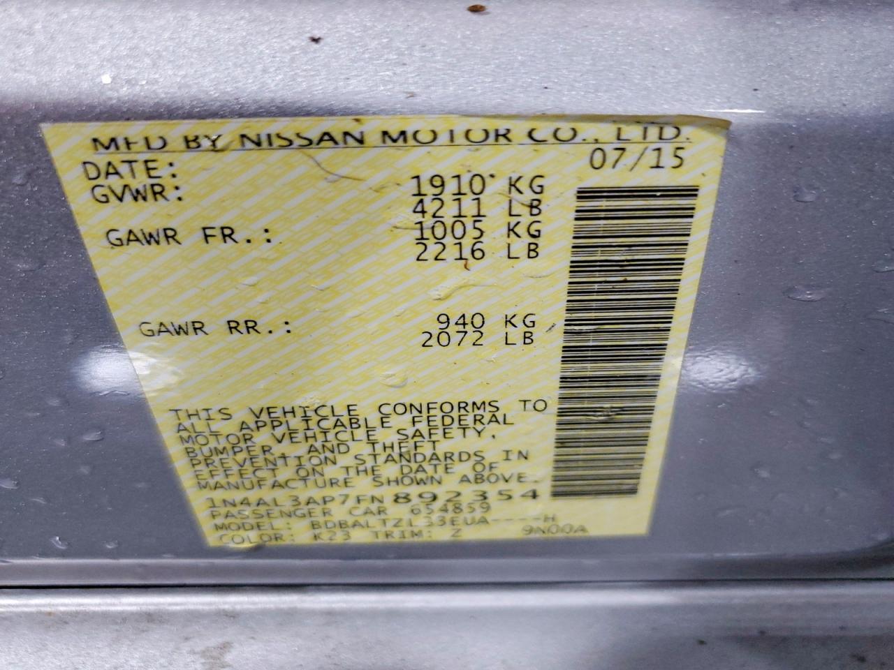 2015 Nissan Altima 2.5 Sl Silver vin: 1N4AL3AP7FN892354
