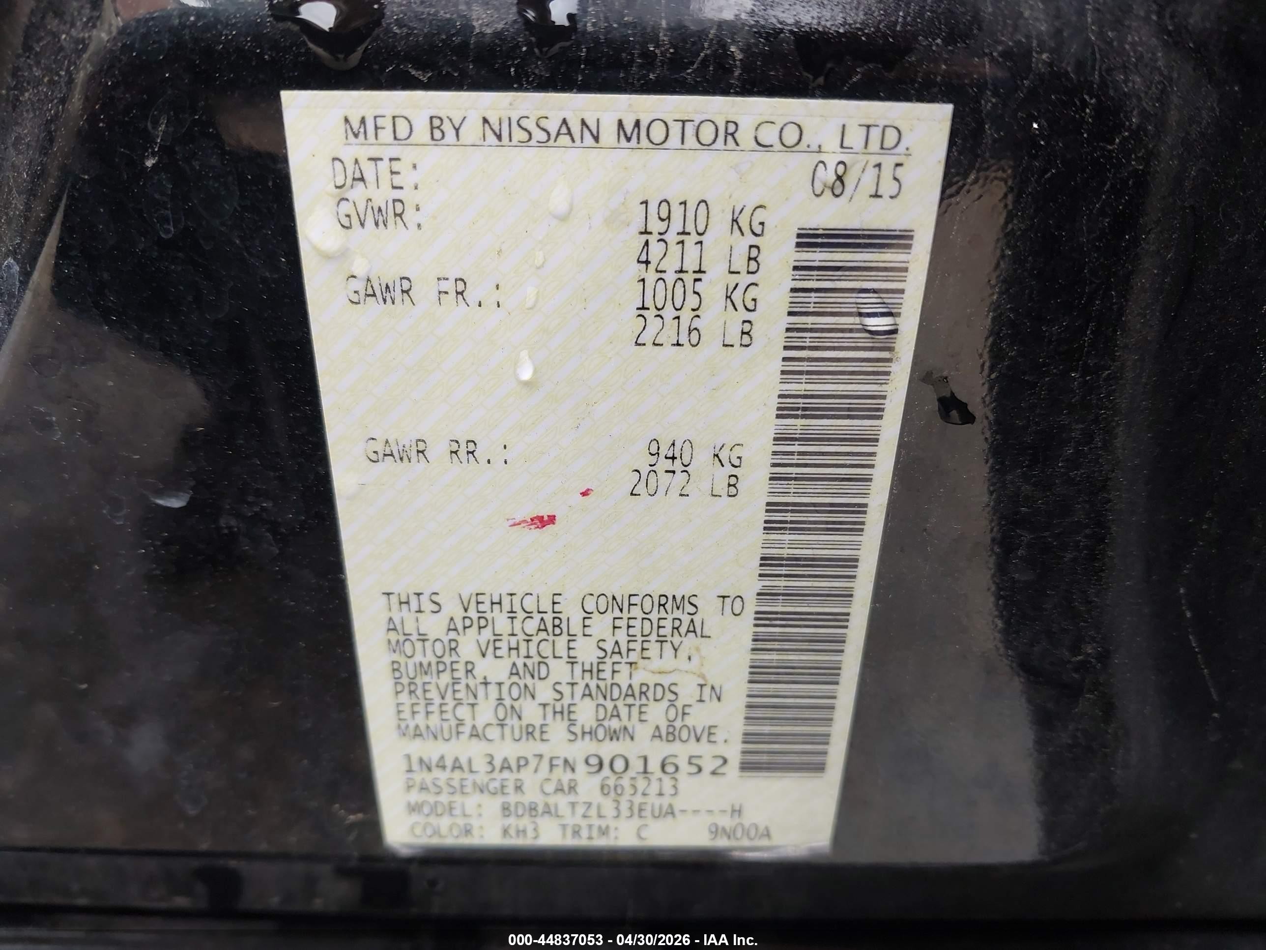 2015 Nissan Altima 2.5 Sl Black vin: 1N4AL3AP7FN901652