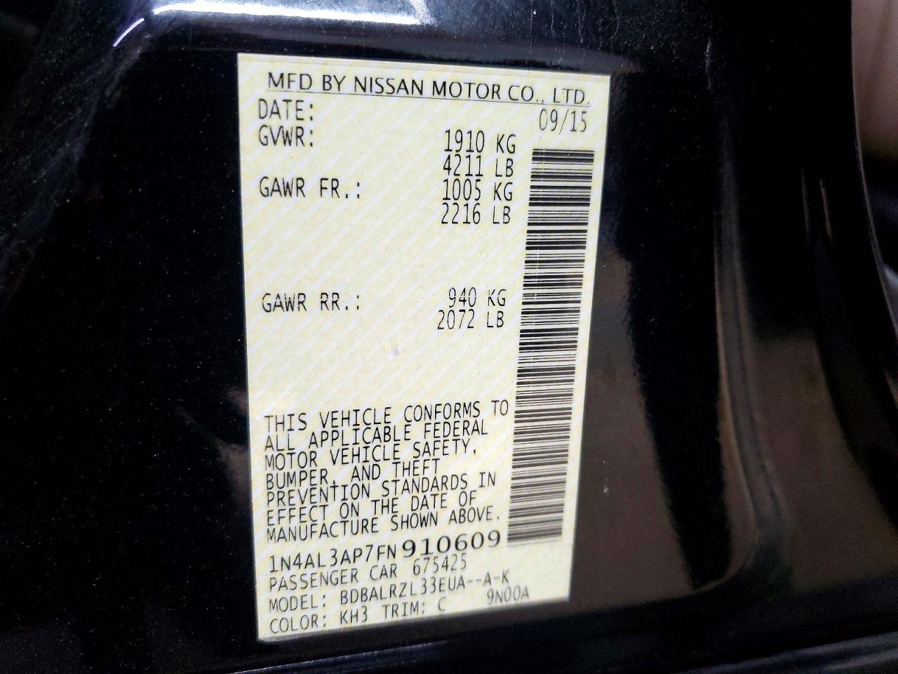 2015 Nissan Altima 2.5 Sl Black vin: 1N4AL3AP7FN910609