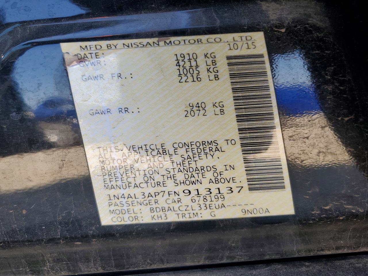 2015 Nissan Altima 2.5 S Black vin: 1N4AL3AP7FN913137