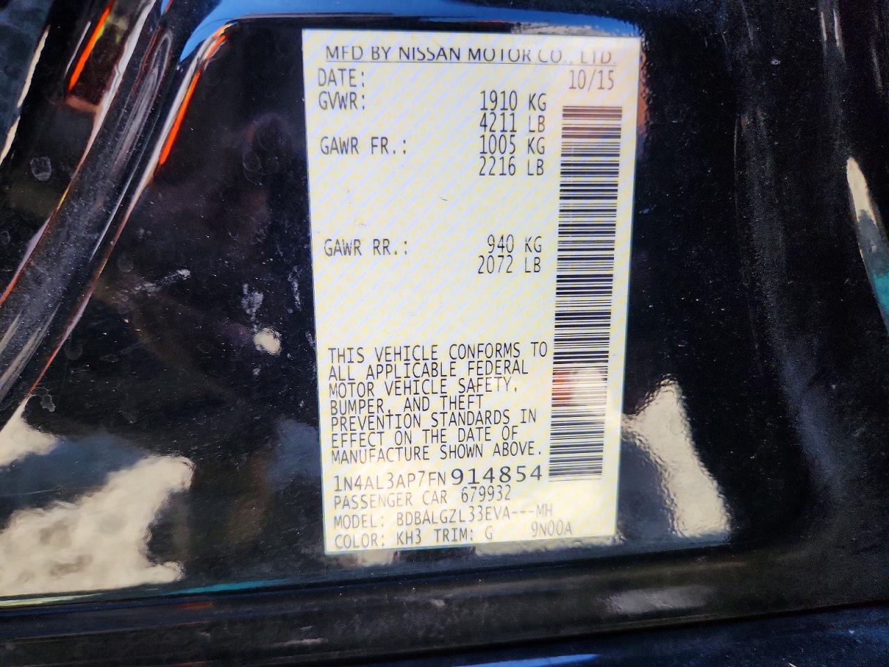 2015 Nissan Altima 2.5 S Black vin: 1N4AL3AP7FN914854
