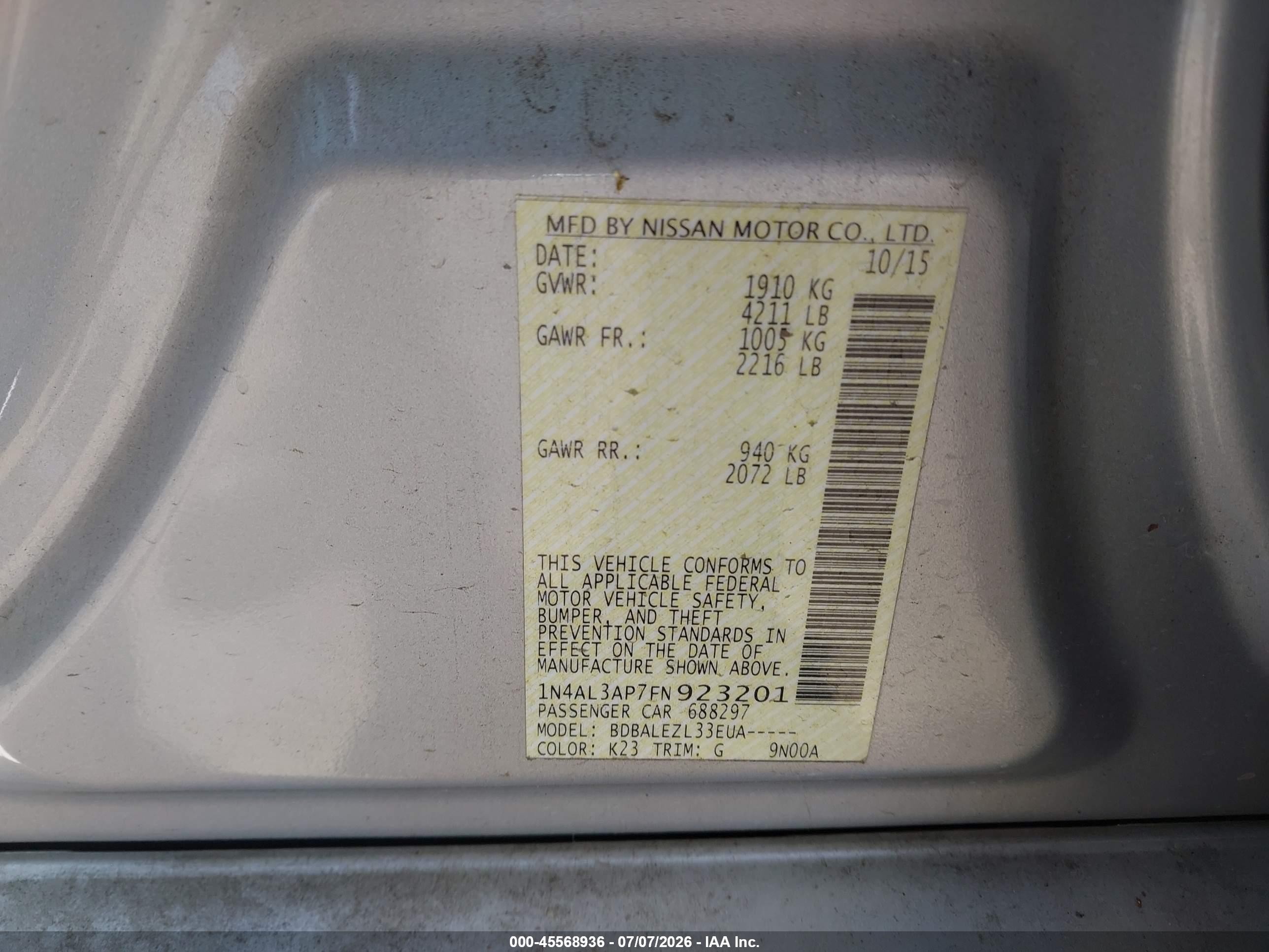 2015 Nissan Altima 2.5/2.5 S/2.5 Sl/2.5 Sv Silver vin: 1N4AL3AP7FN923201