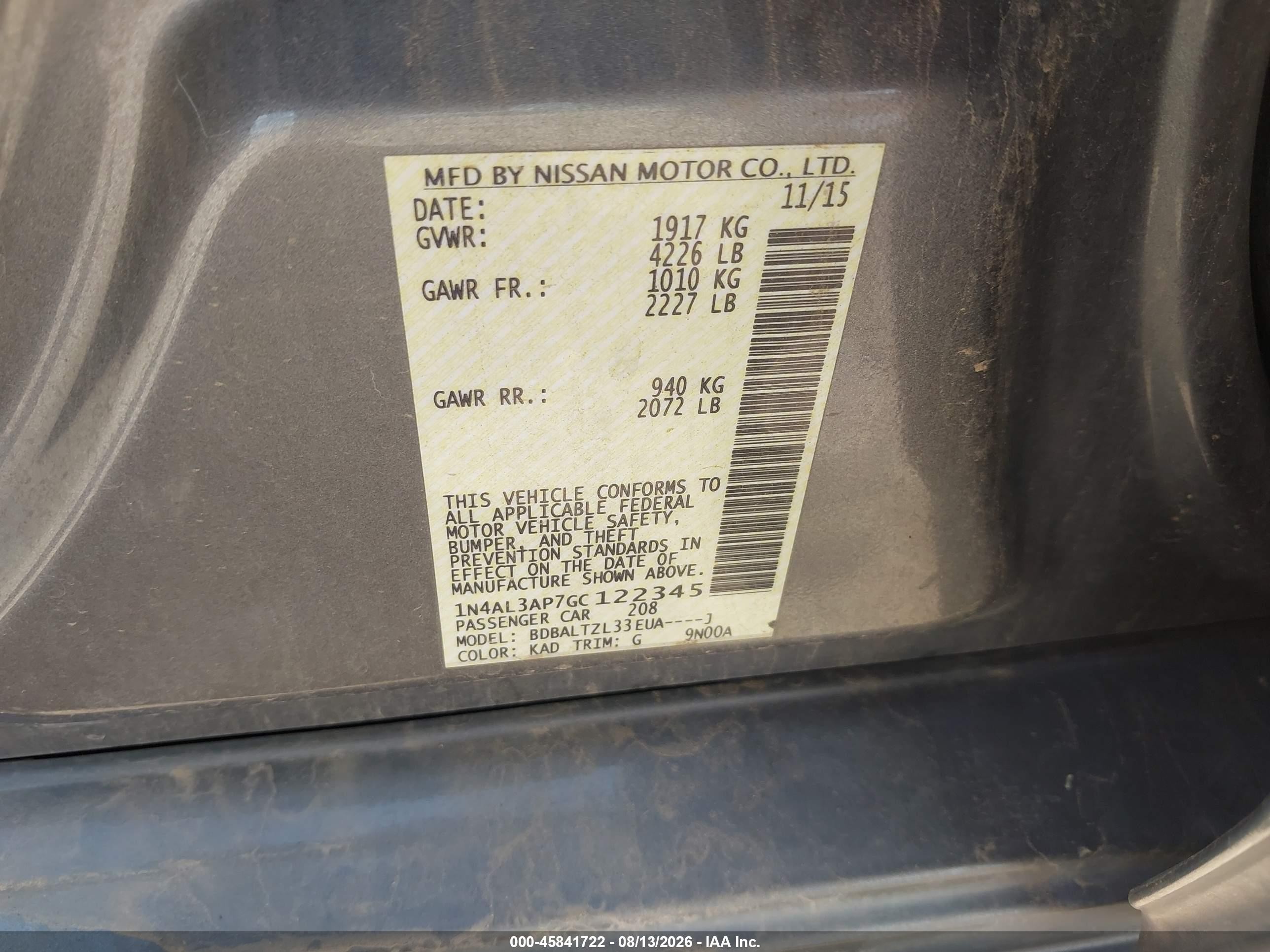 2016 Nissan Altima 2.5 Sl Gray vin: 1N4AL3AP7GC122345