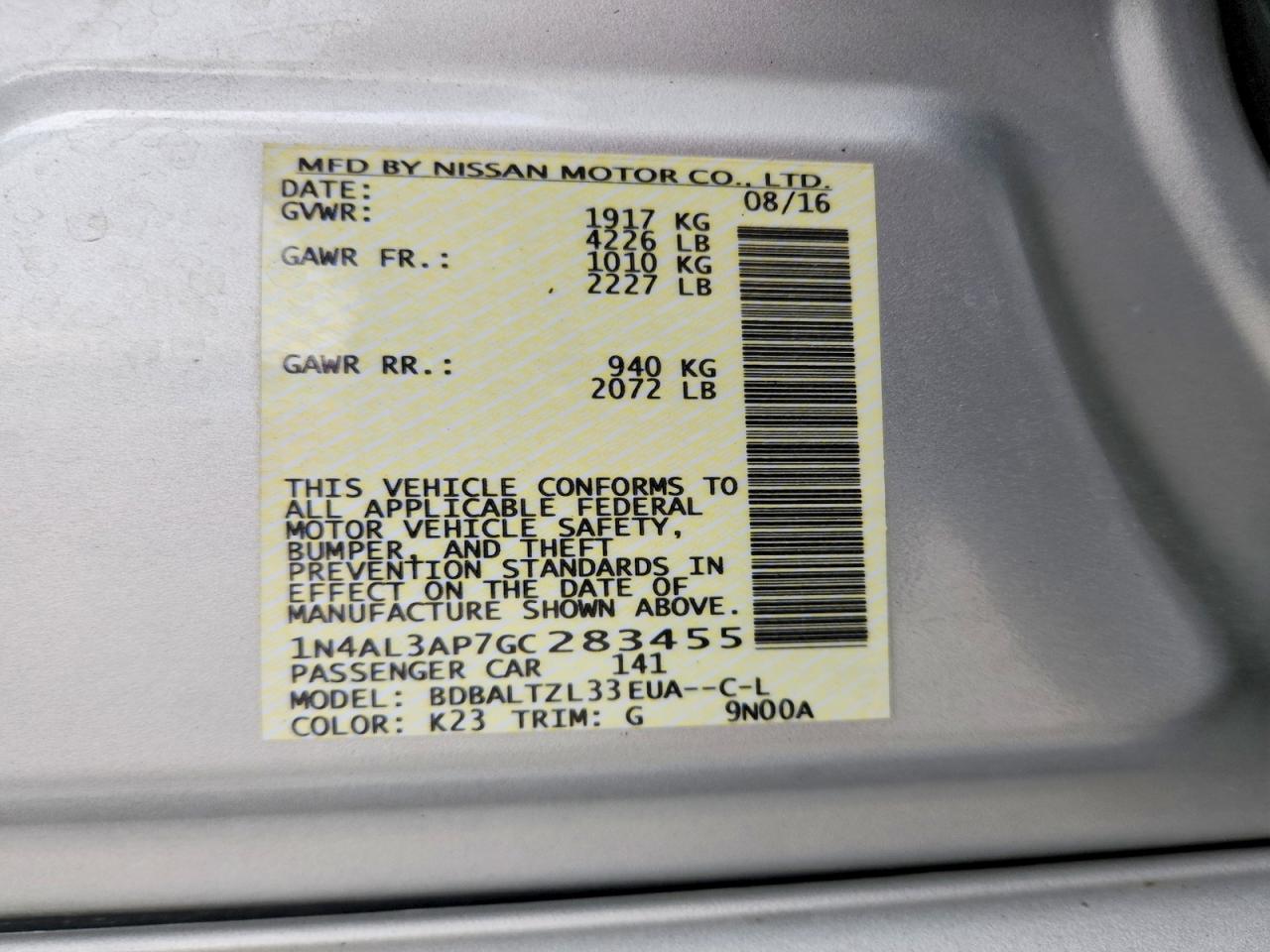 2016 Nissan Altima 2.5 Sl Silver vin: 1N4AL3AP7GC283455