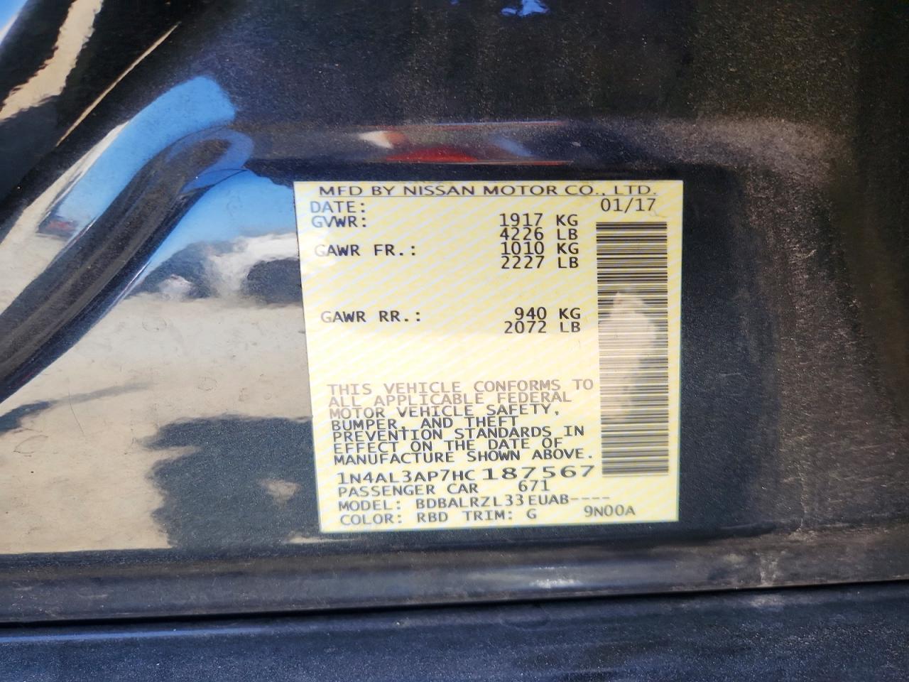 2017 Nissan Altima 2.5 Sl Black vin: 1N4AL3AP7HC187567