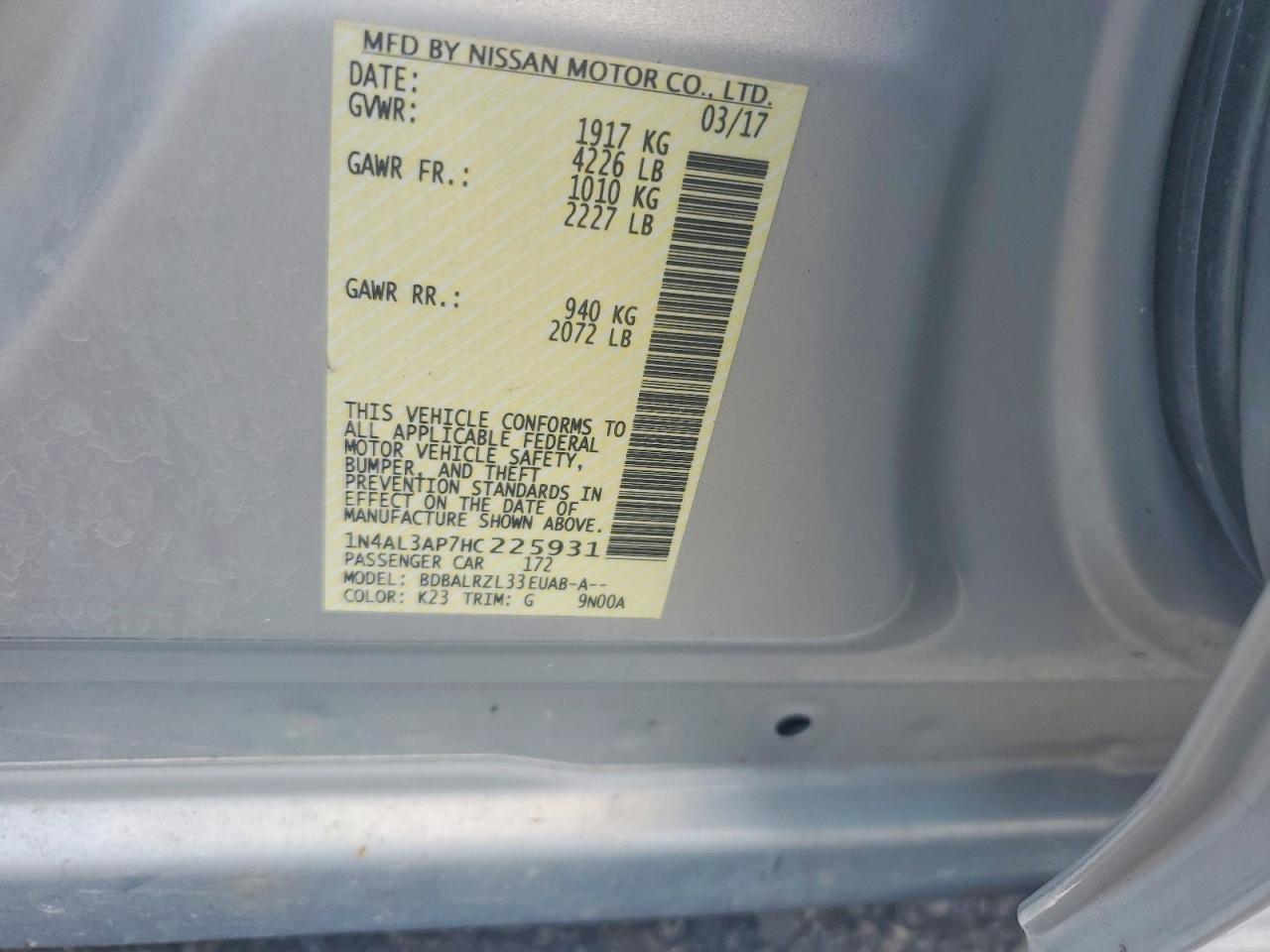 2017 Nissan Altima 2.5 Sl Серебряный vin: 1N4AL3AP7HC225931