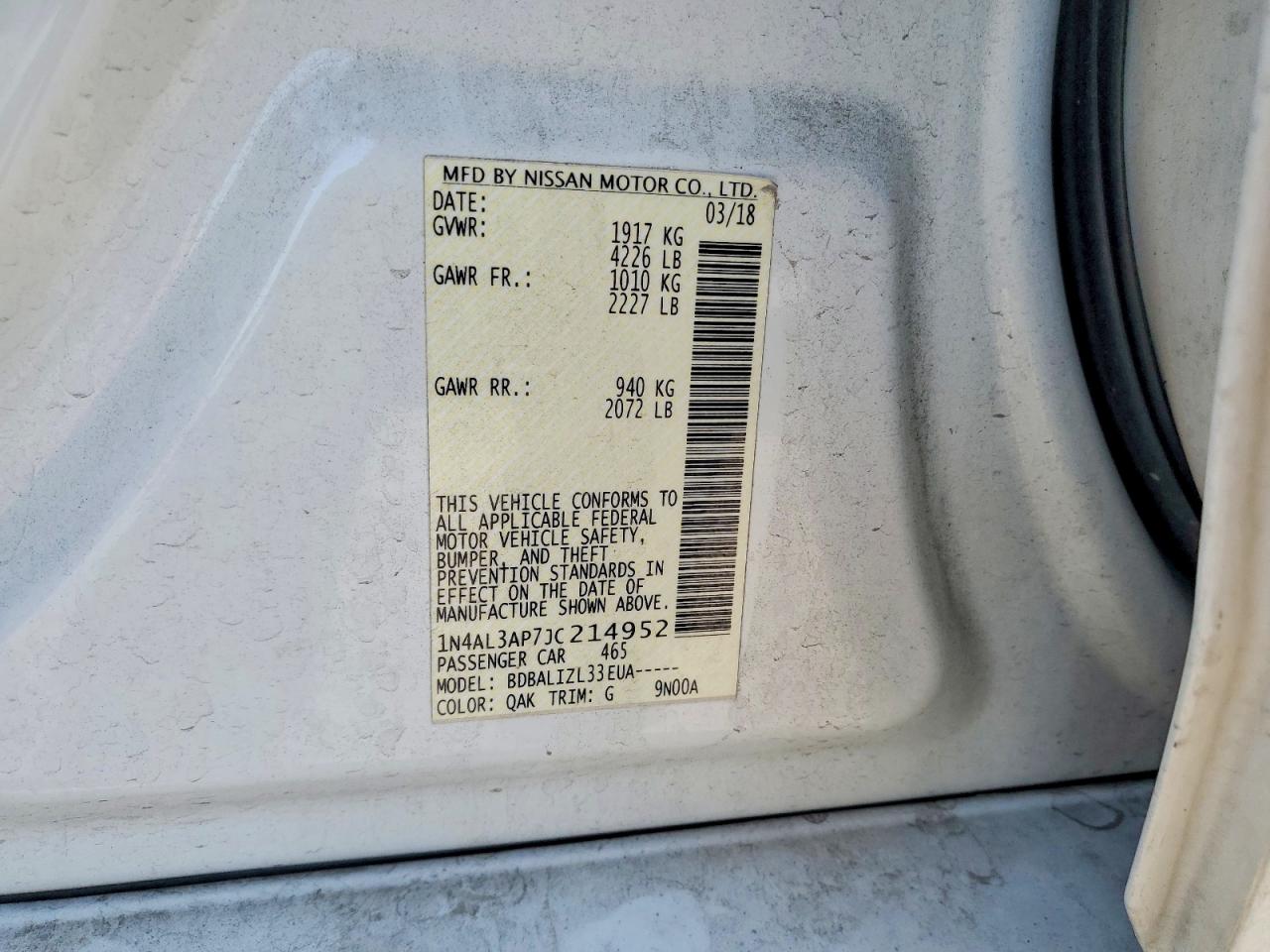 2018 Nissan Altima 2.5 Sv White vin: 1N4AL3AP7JC214952