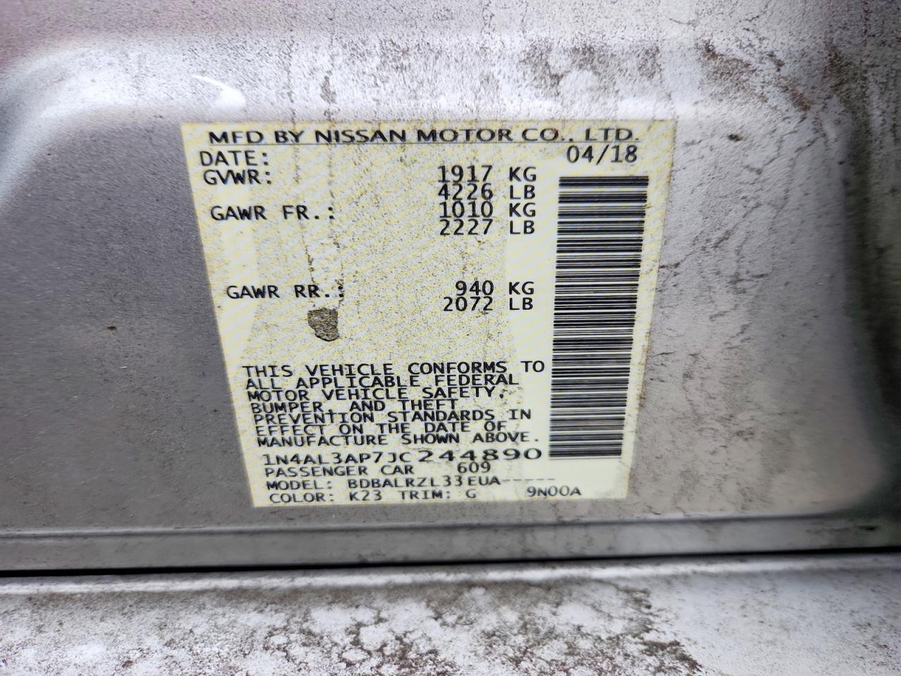 2018 Nissan Altima 2.5 Sl Серебряный vin: 1N4AL3AP7JC244890
