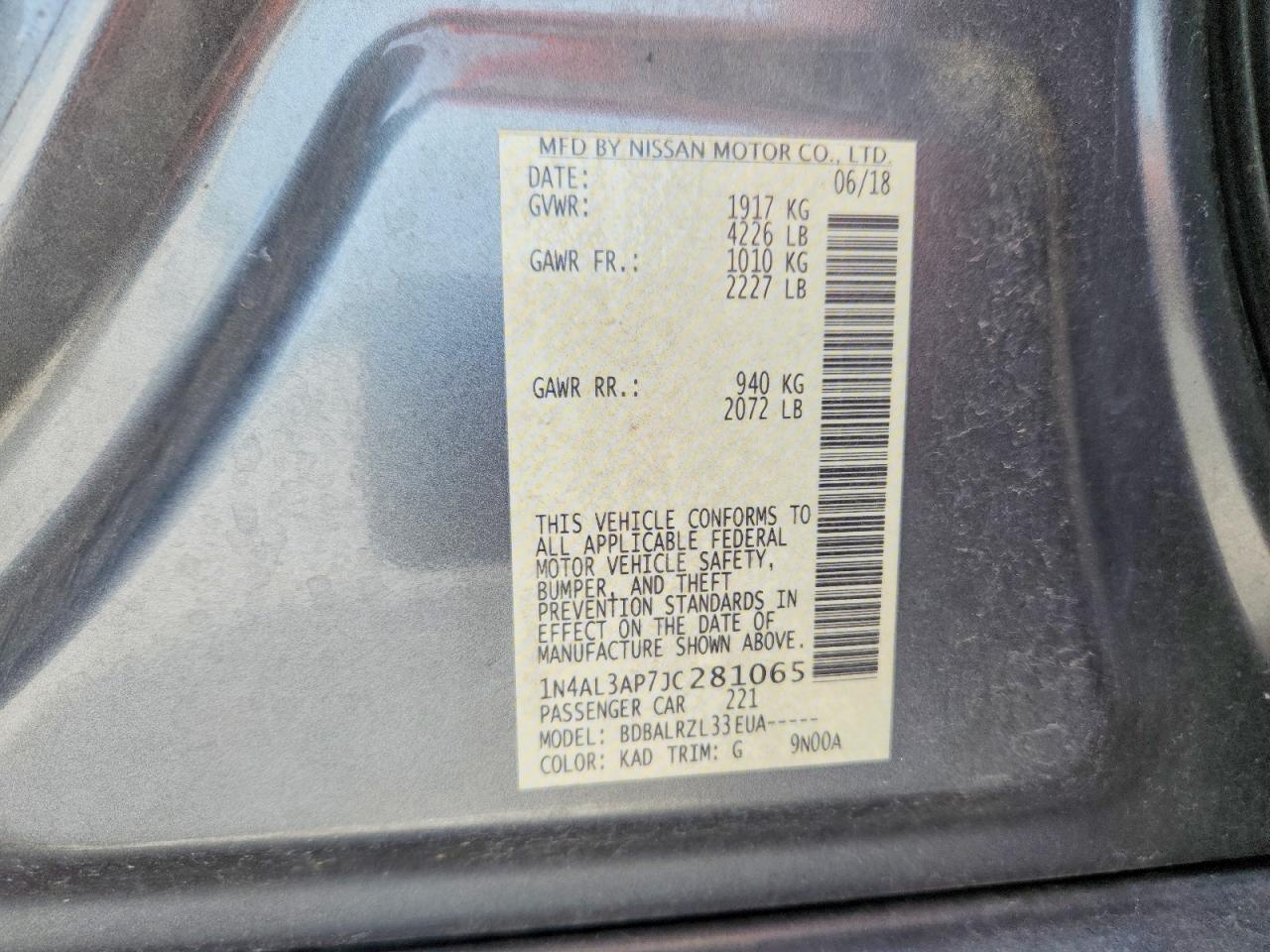 2018 Nissan Altima 2.5 Sl Gray vin: 1N4AL3AP7JC281065