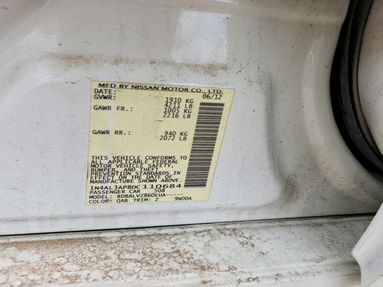 2013 Nissan Altima 2.5 White vin: 1N4AL3AP8DC110684