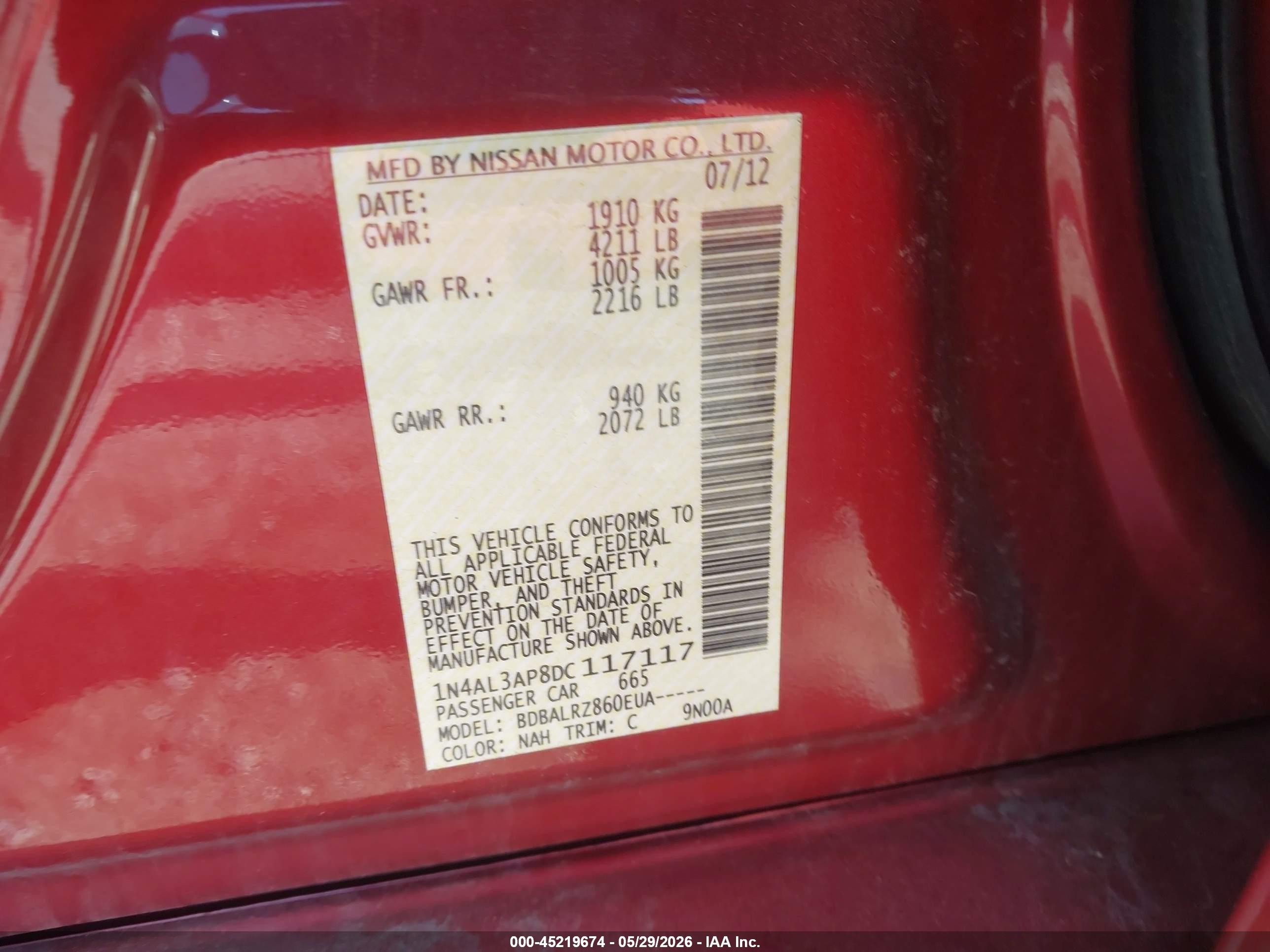 2013 Nissan Altima 2.5 S Red vin: 1N4AL3AP8DC117117