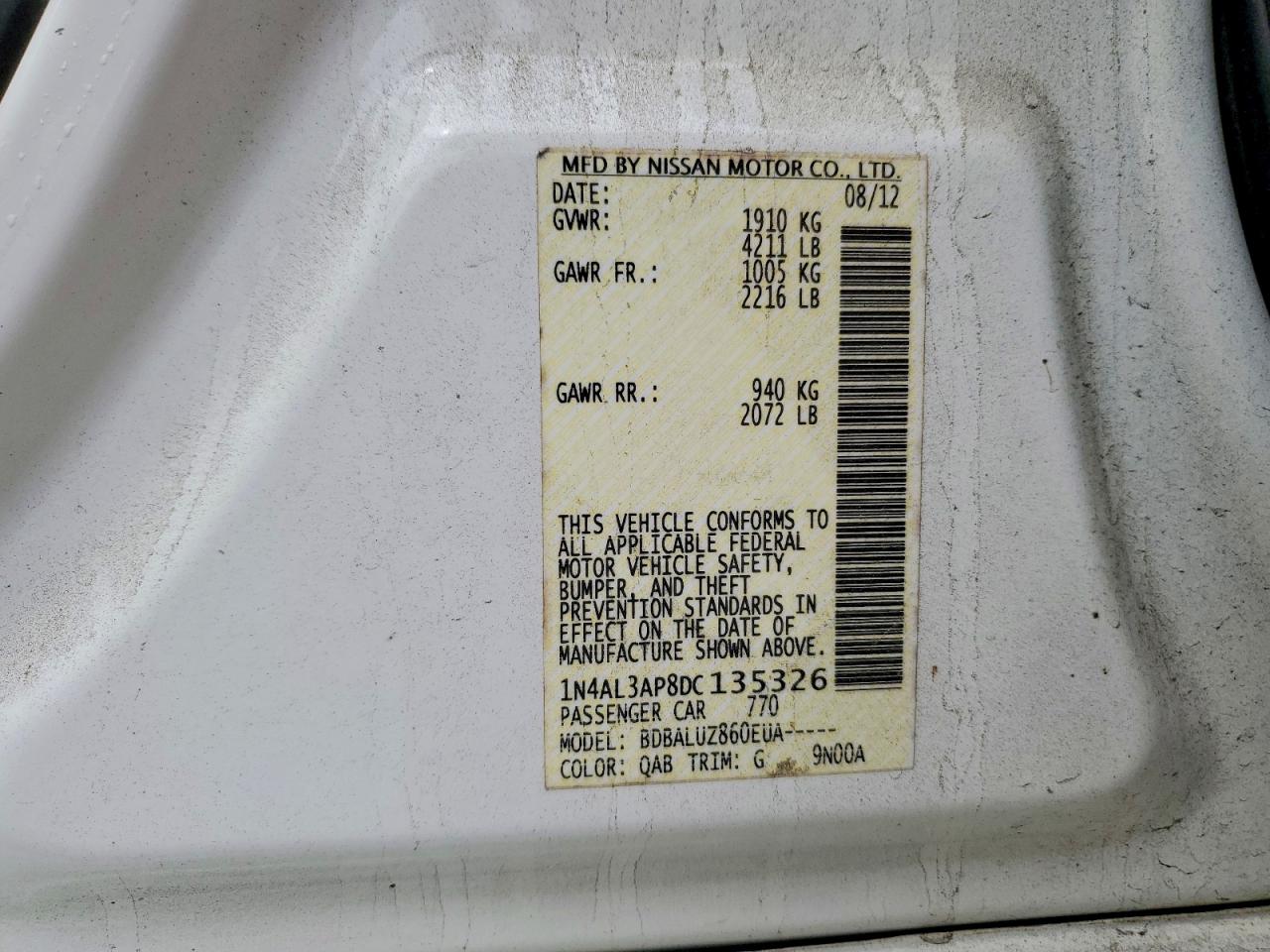 2013 Nissan Altima 2.5 White vin: 1N4AL3AP8DC135326
