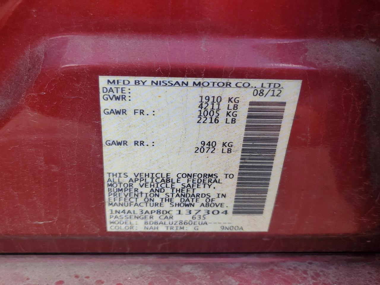 2013 Nissan Altima 2.5 Red vin: 1N4AL3AP8DC137304