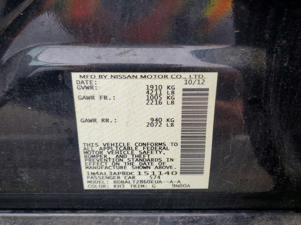 2013 Nissan Altima 2.5 Black vin: 1N4AL3AP8DC151140