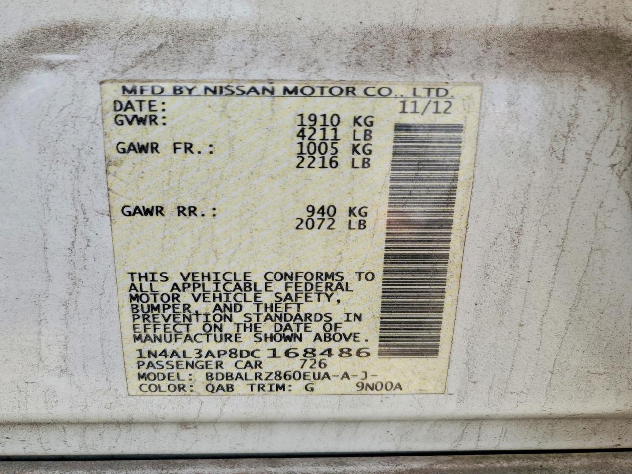 2013 Nissan Altima 2.5 White vin: 1N4AL3AP8DC168486