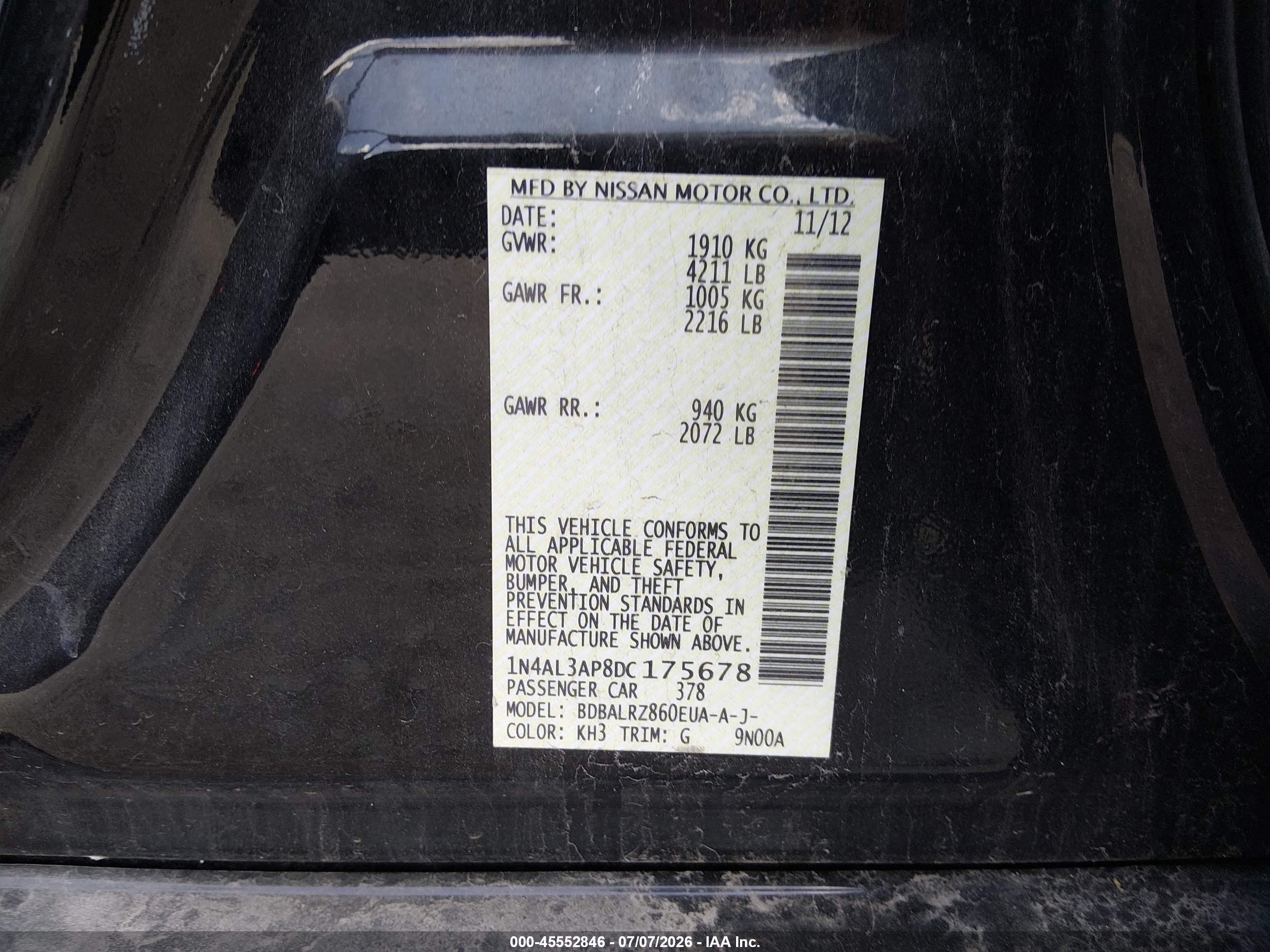 2013 Nissan Altima 2.5 S Black vin: 1N4AL3AP8DC175678