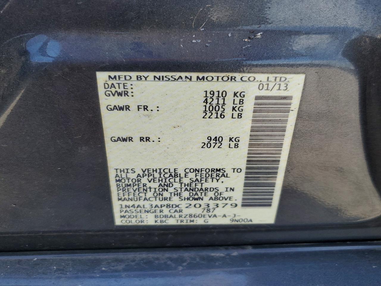 2013 Nissan Altima 2.5 Charcoal vin: 1N4AL3AP8DC203379