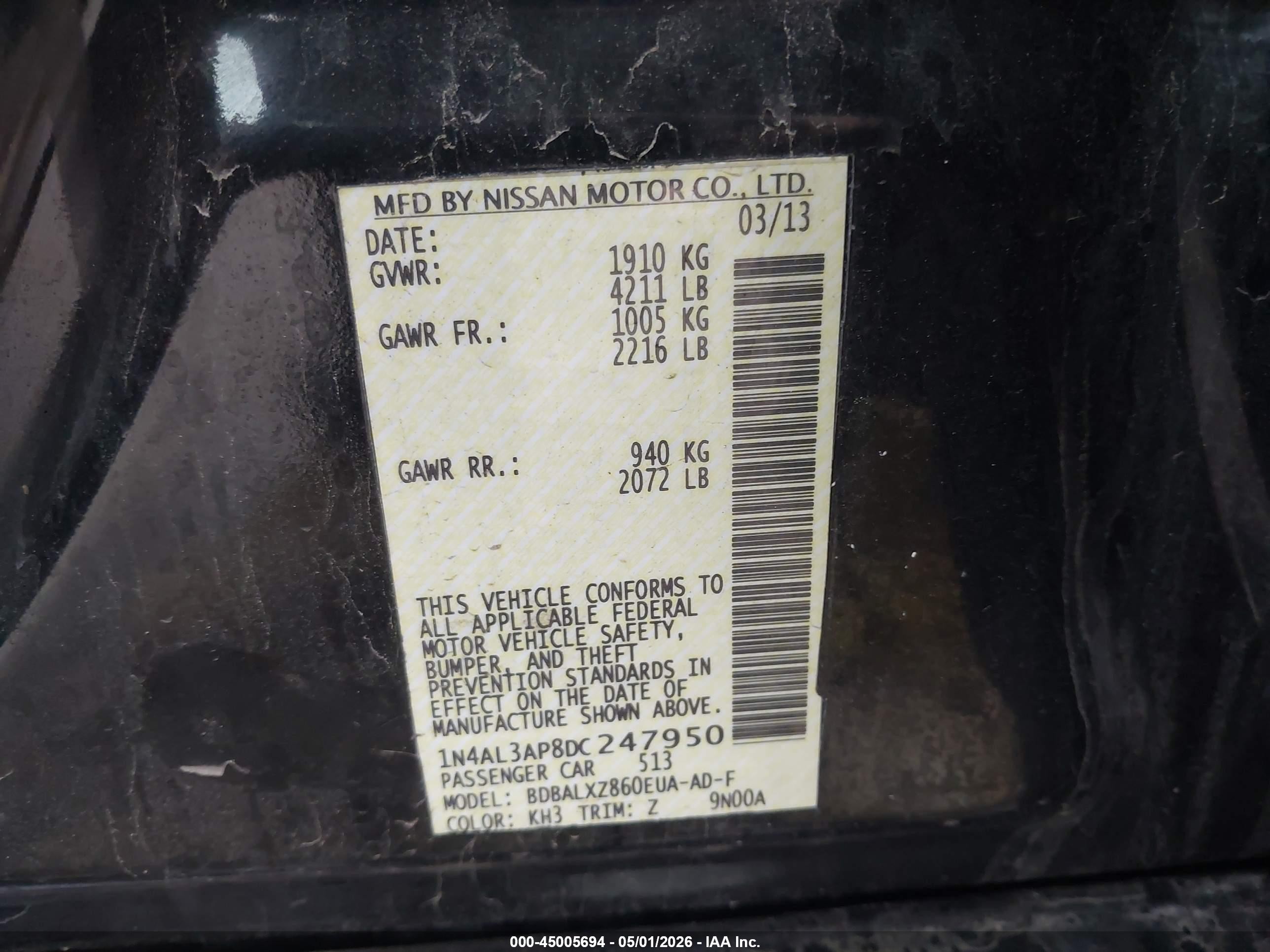 2013 Nissan Altima 2.5 Sl Black vin: 1N4AL3AP8DC247950