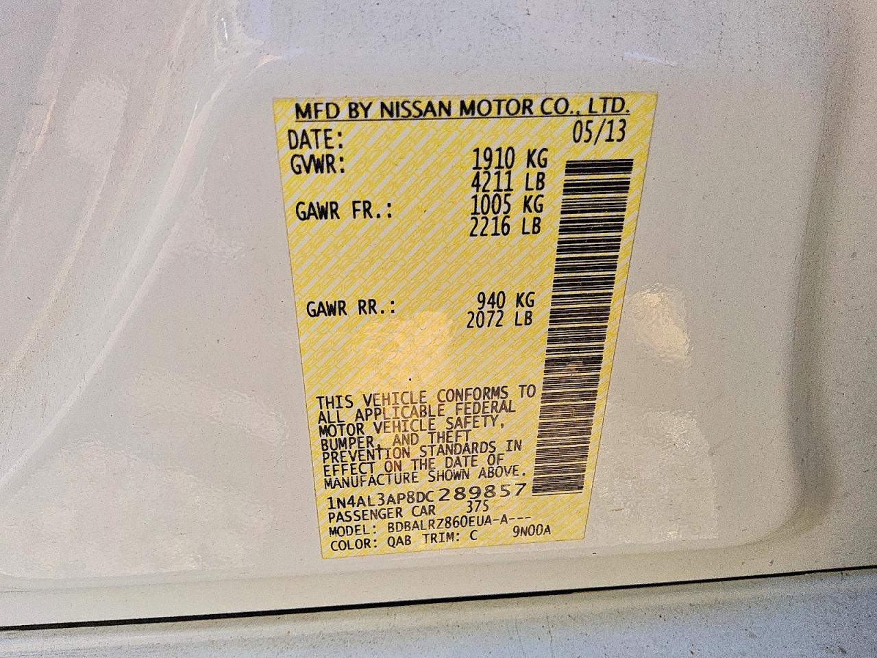 2013 Nissan Altima 2.5 White vin: 1N4AL3AP8DC289857