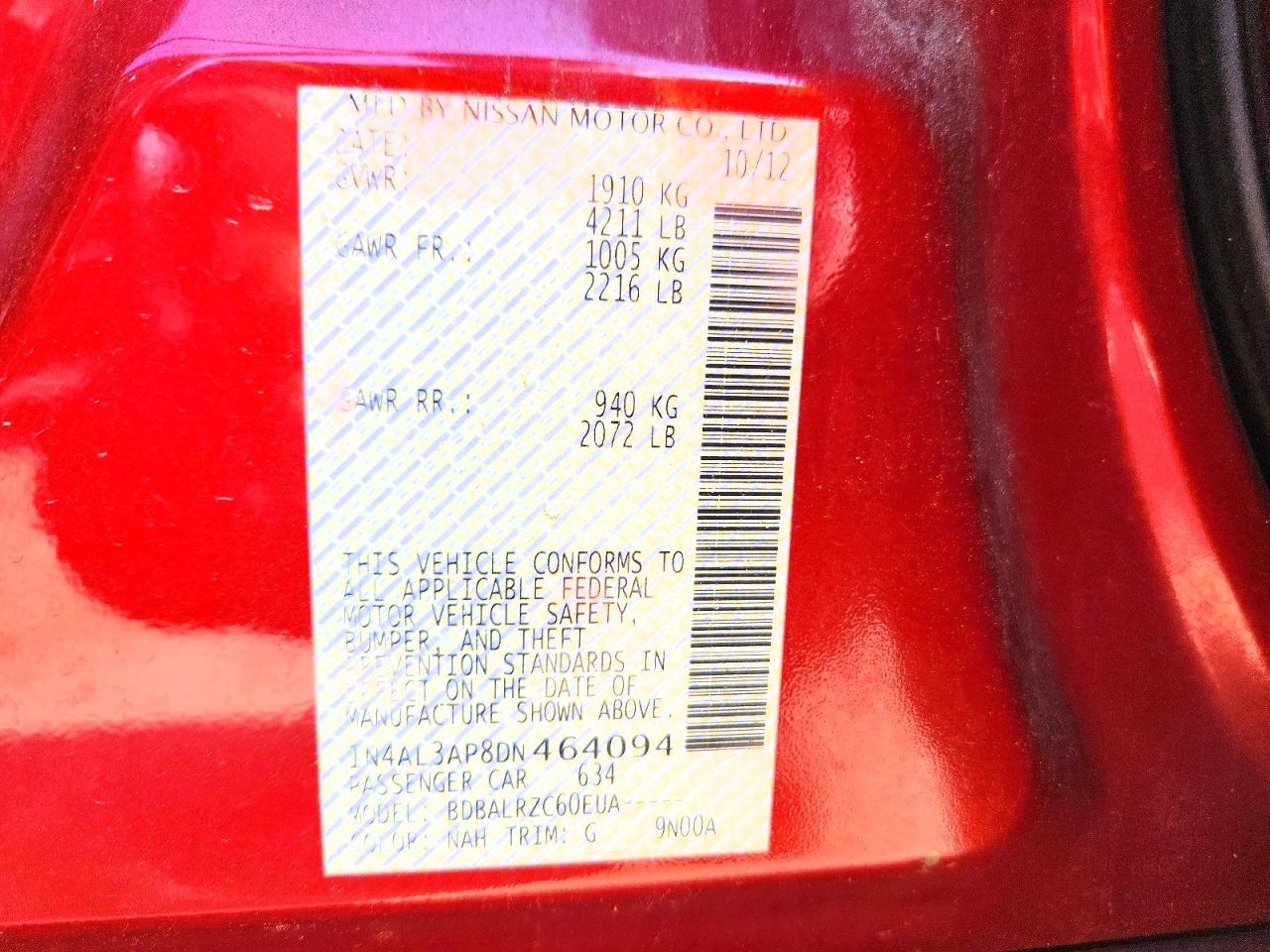 2013 Nissan Altima 2.5 Red vin: 1N4AL3AP8DN464094