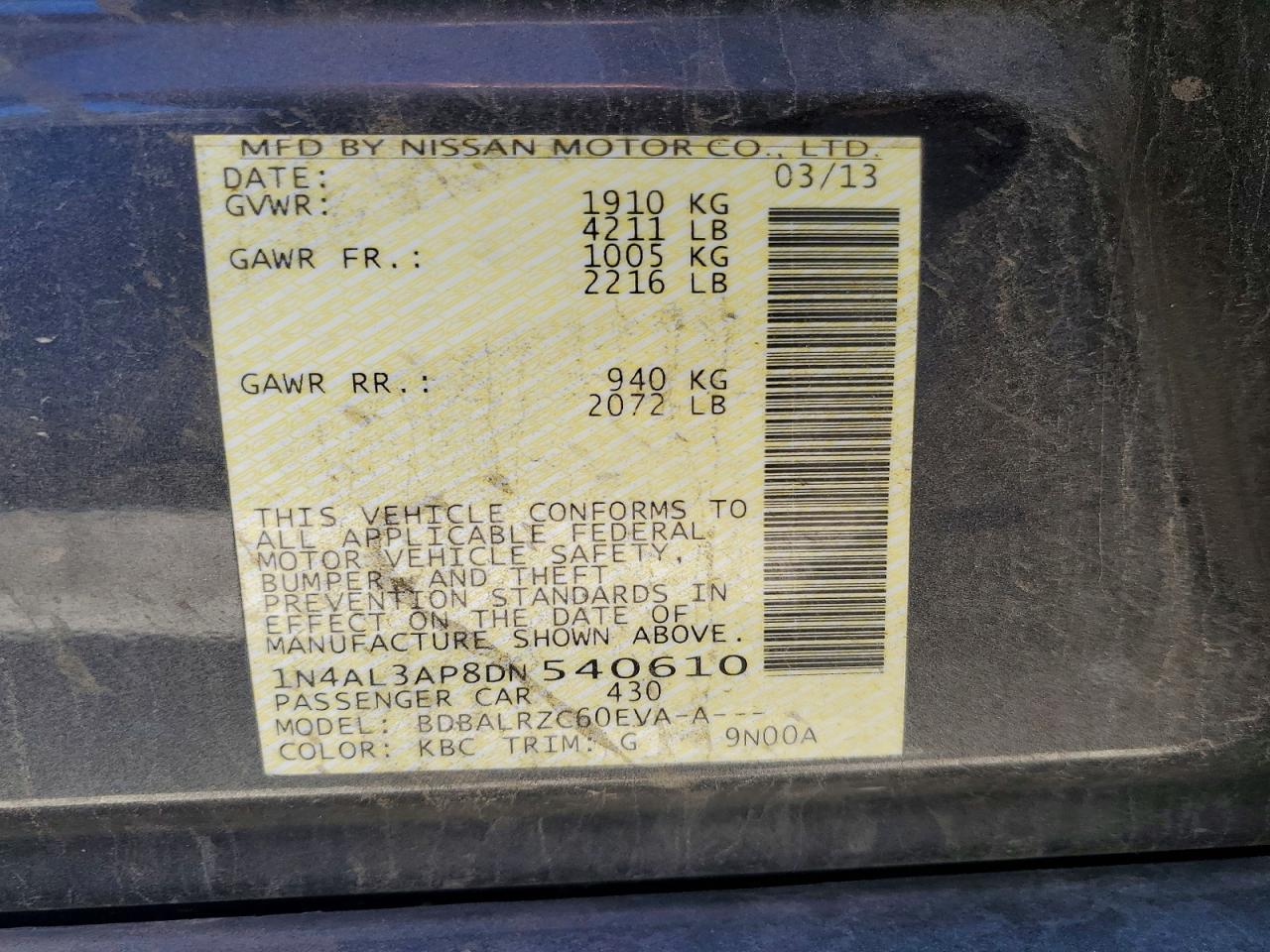 2013 Nissan Altima 2.5 Charcoal vin: 1N4AL3AP8DN540610