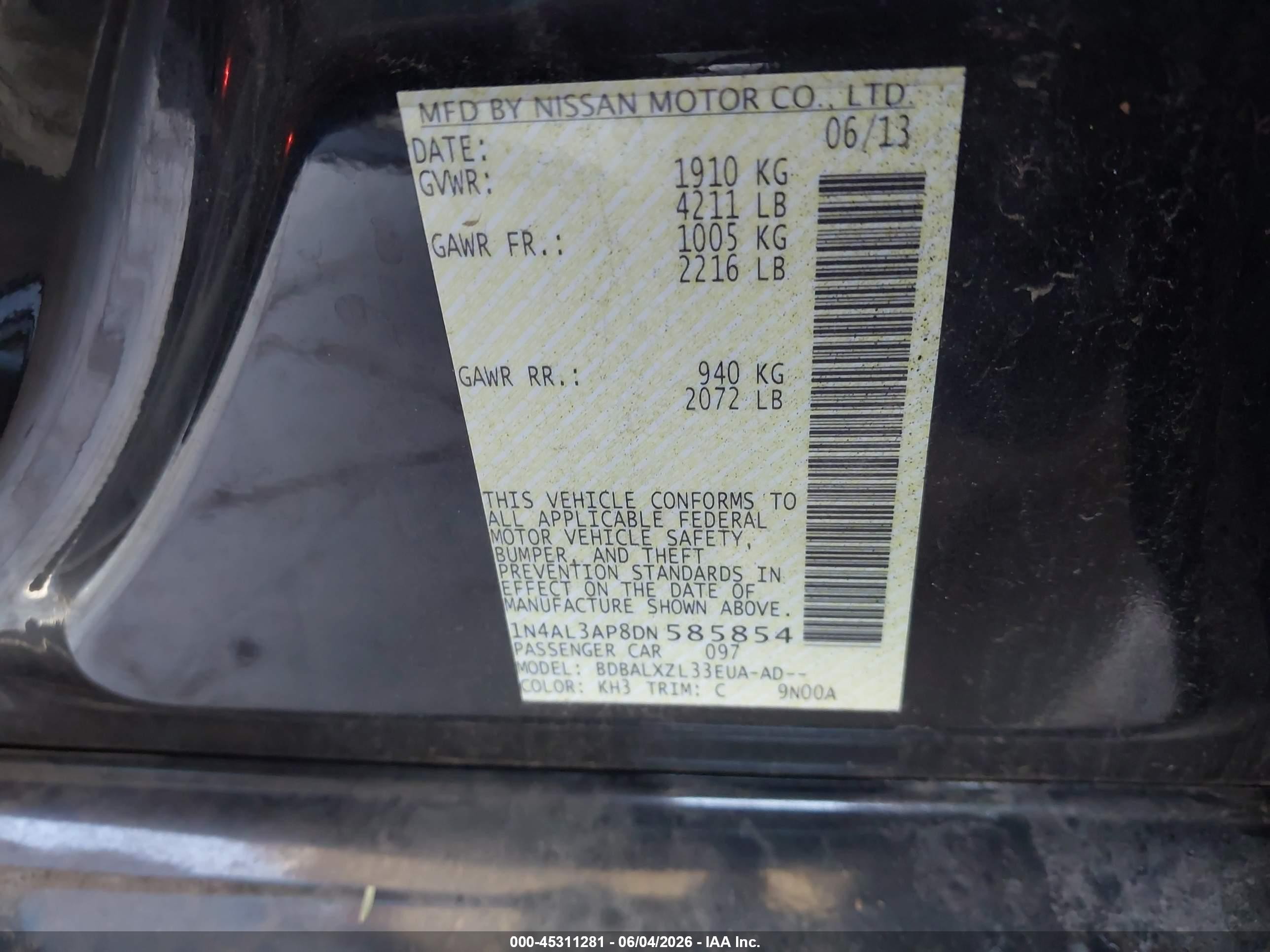 2013 Nissan Altima 2.5 Sl Black vin: 1N4AL3AP8DN585854