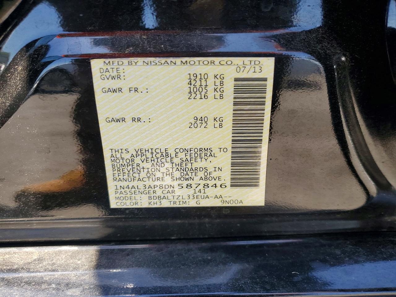 2013 Nissan Altima 2.5 Black vin: 1N4AL3AP8DN587846