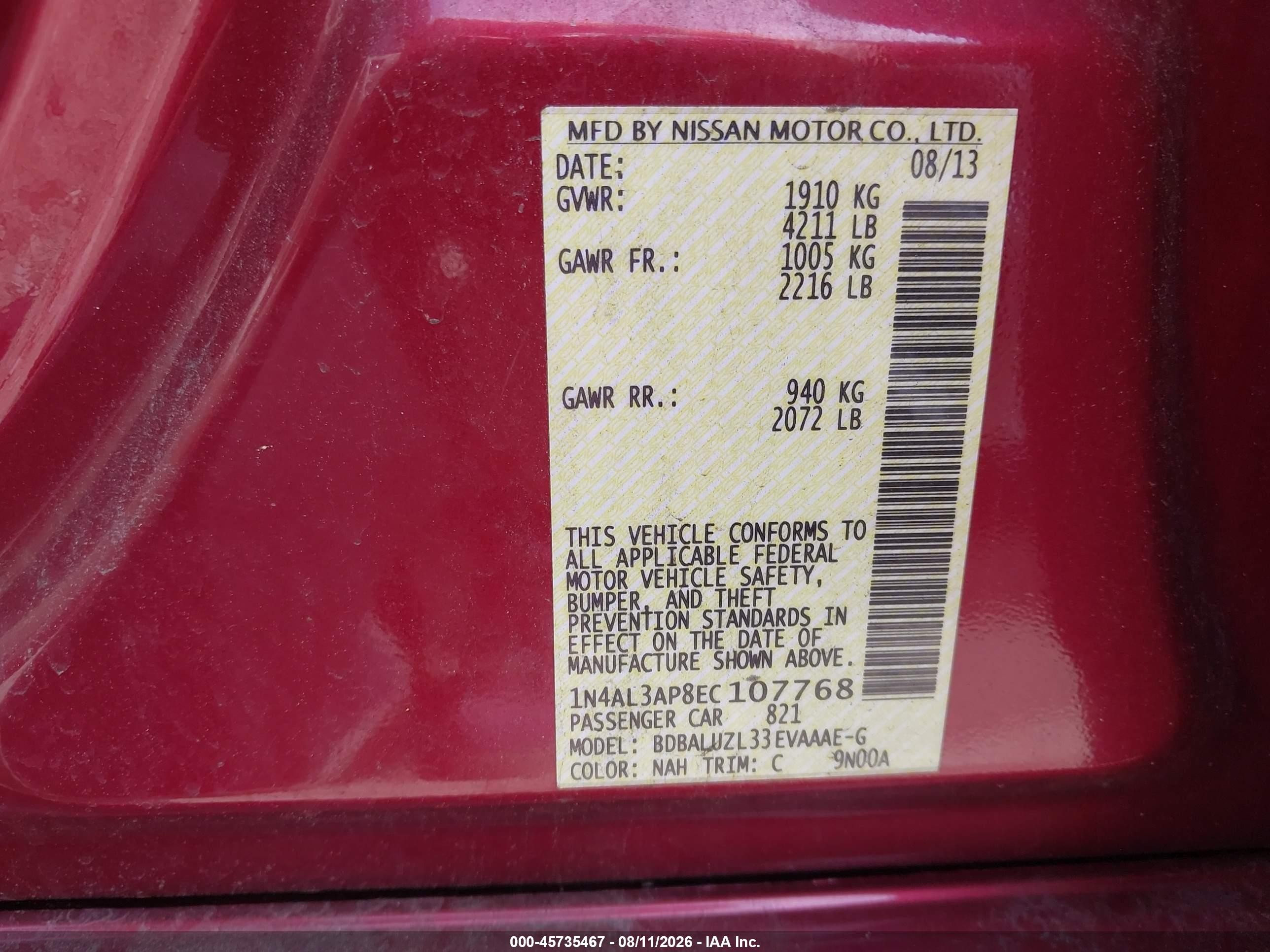 2014 Nissan Altima 2.5 Sv Бордовый vin: 1N4AL3AP8EC107768