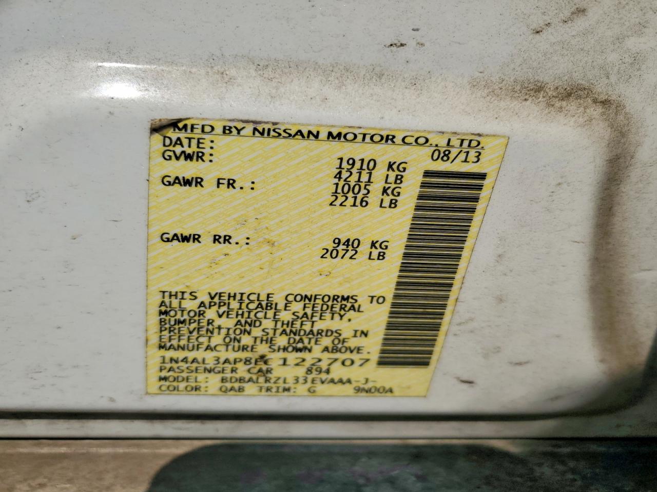 2014 Nissan Altima 2.5 White vin: 1N4AL3AP8EC122707
