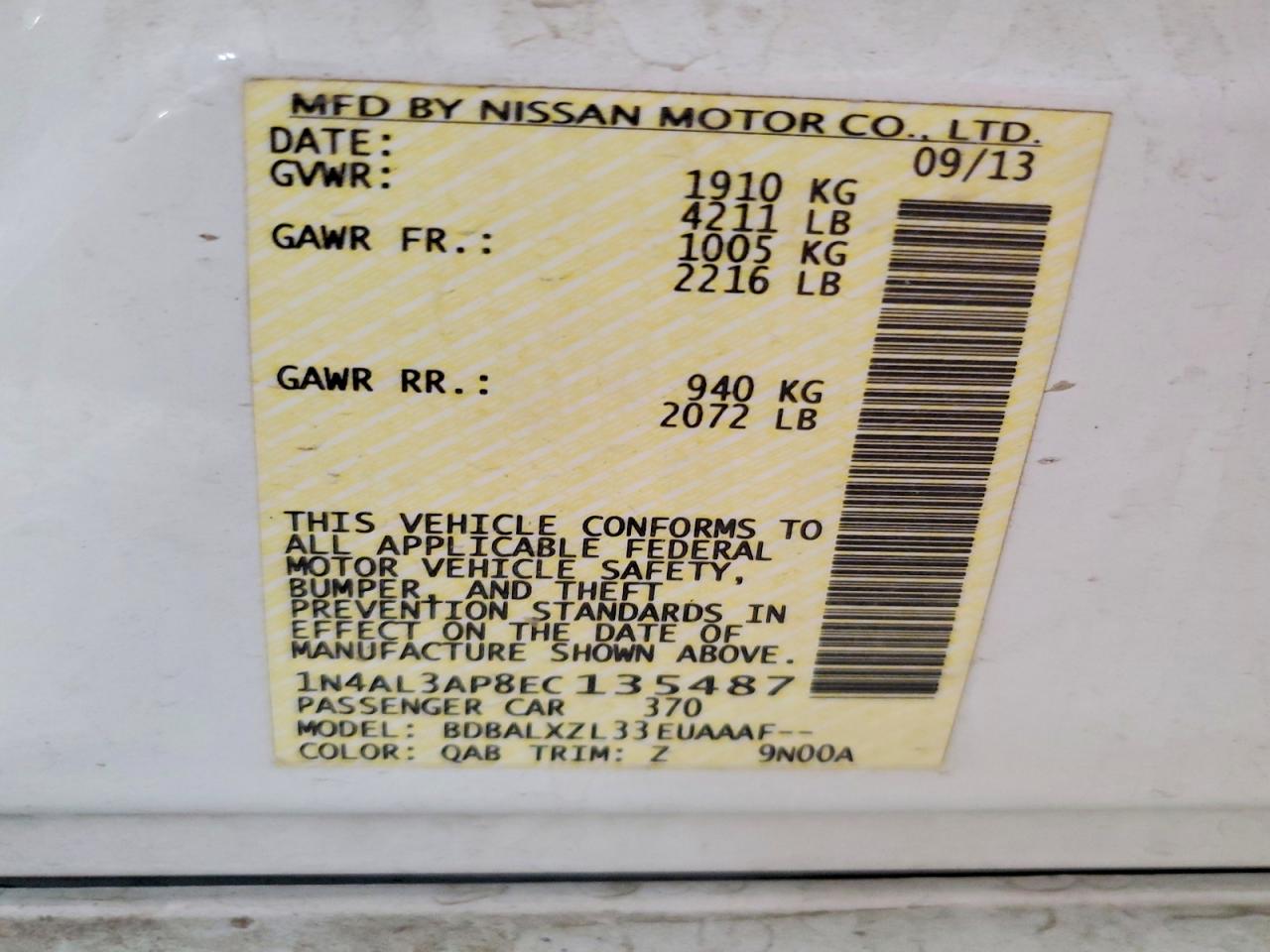 2014 Nissan Altima Sl White vin: 1N4AL3AP8EC135487