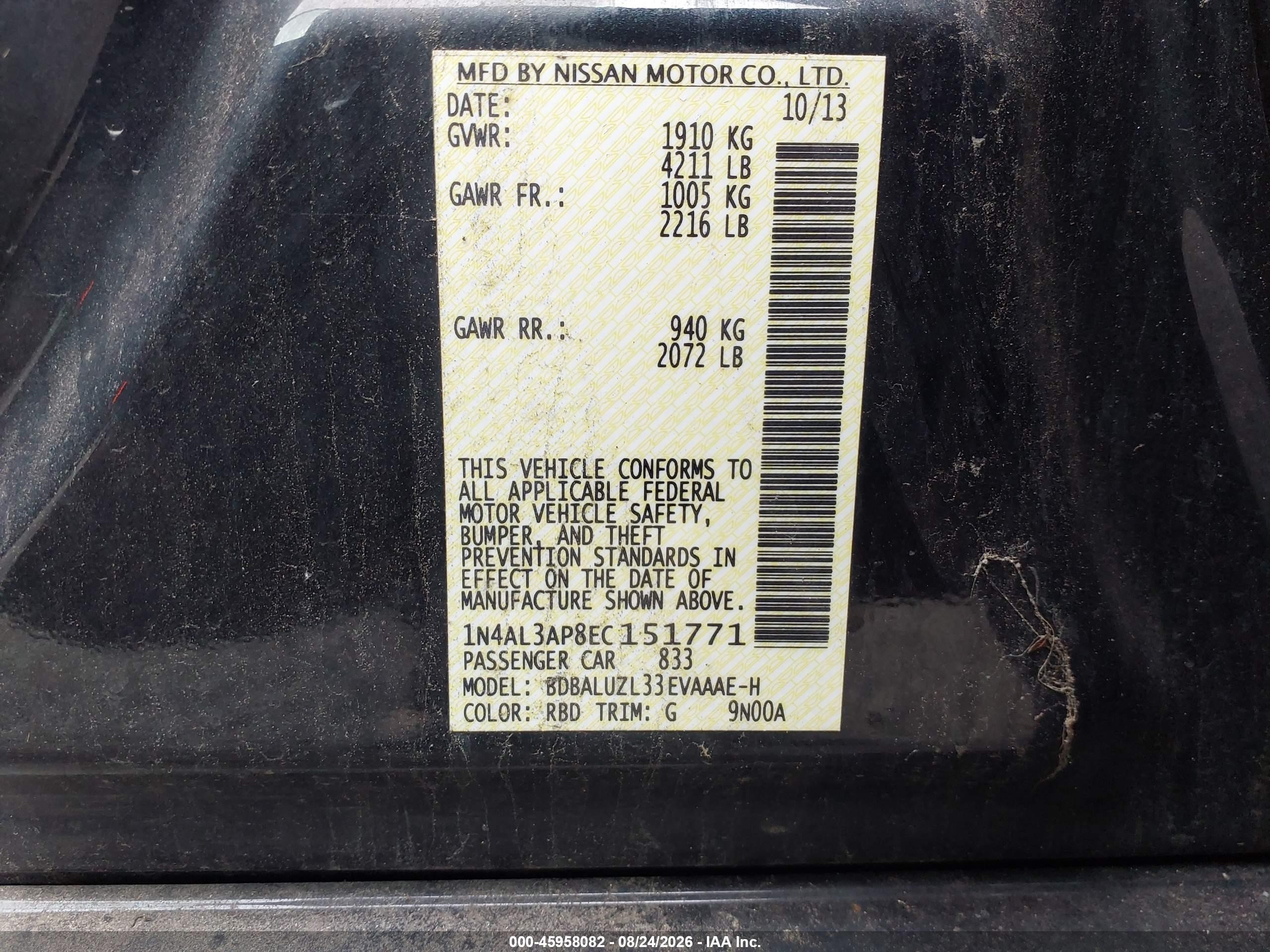 2014 Nissan Altima 2.5 Sv Black vin: 1N4AL3AP8EC151771