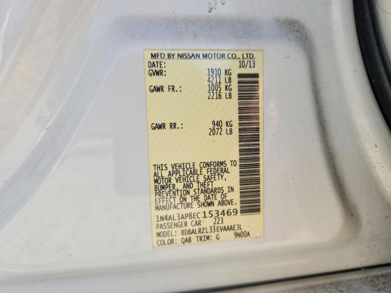 2014 Nissan Altima 2.5 S White vin: 1N4AL3AP8EC153469