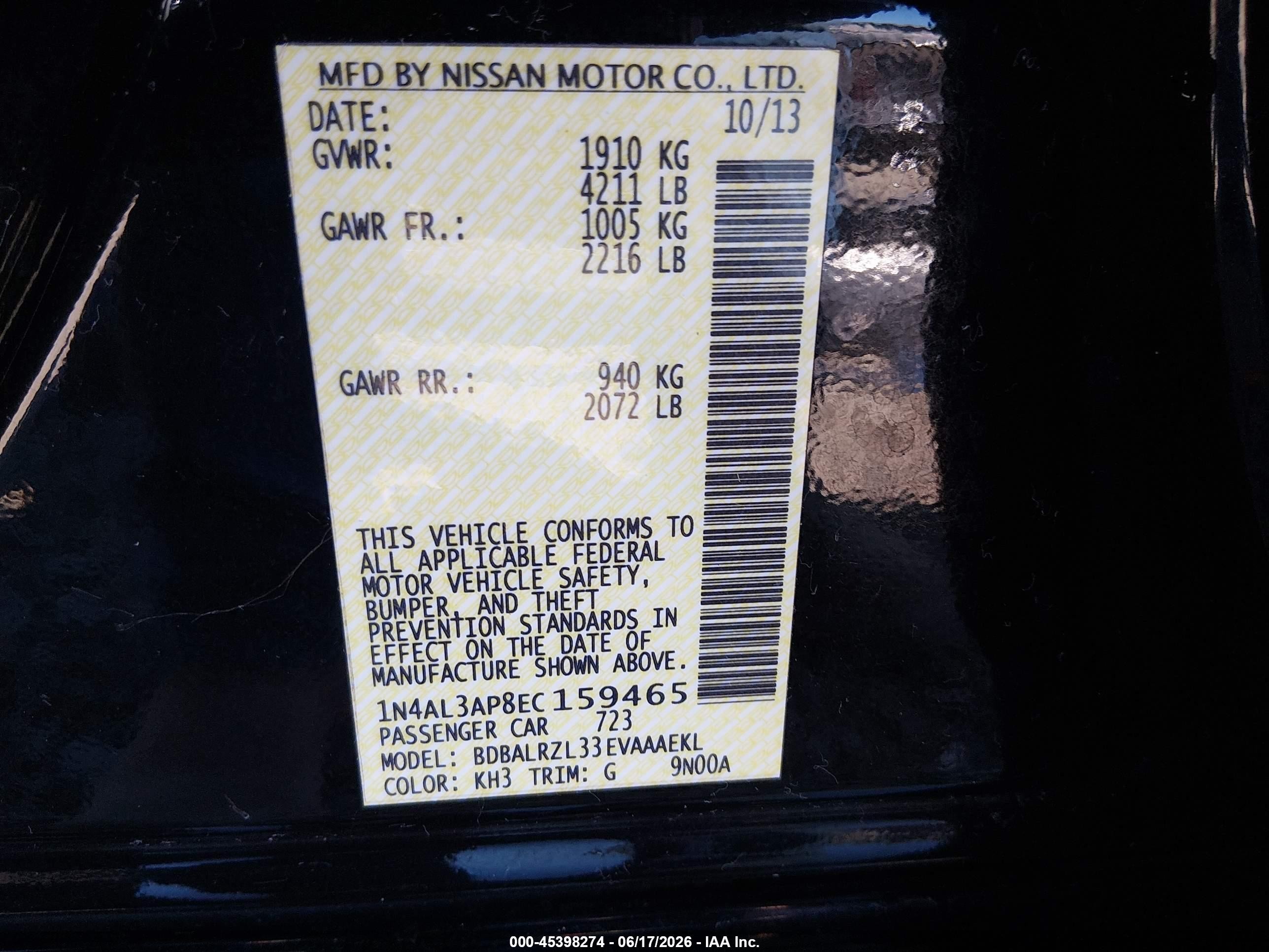 2014 Nissan Altima 2.5 S Black vin: 1N4AL3AP8EC159465